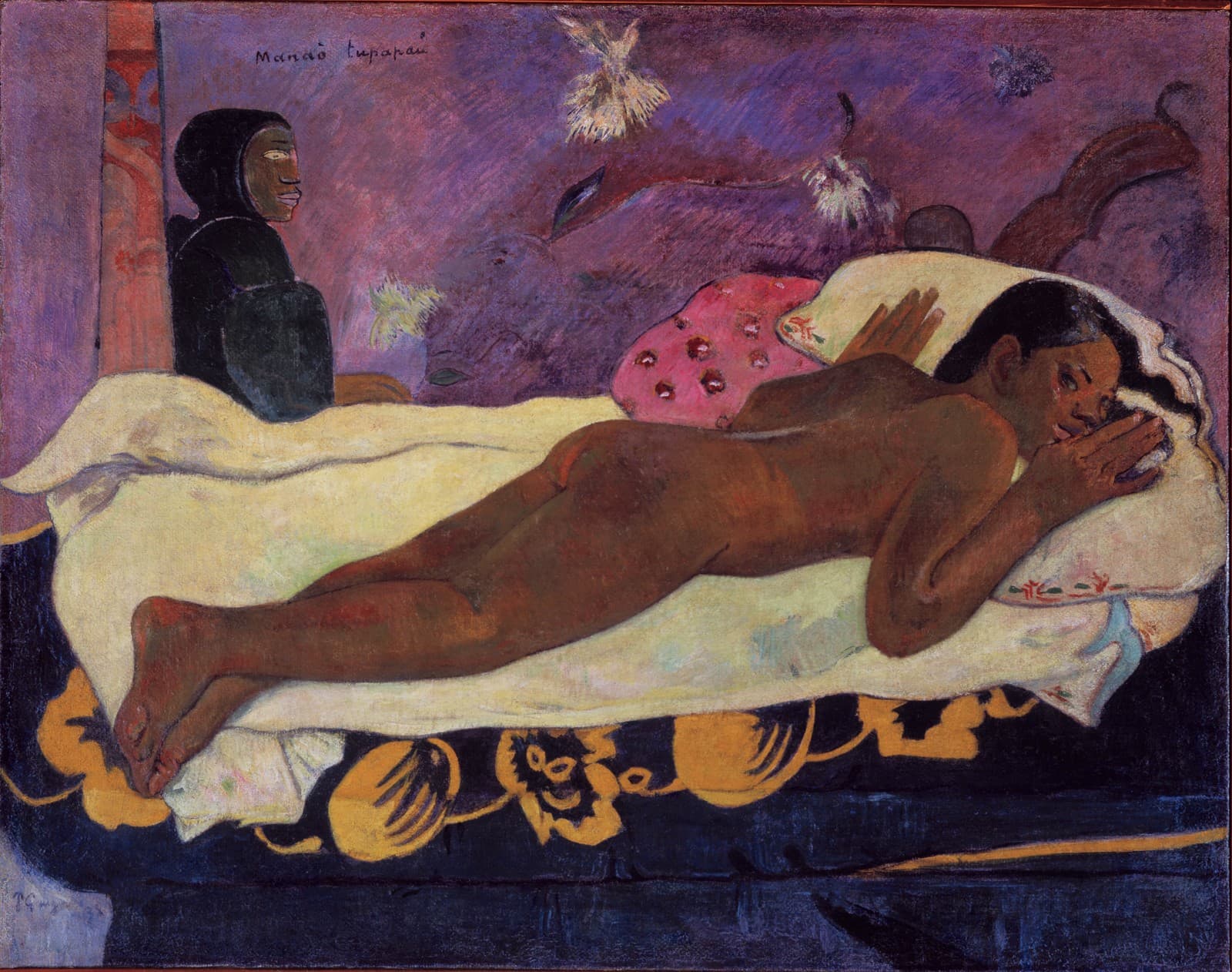 Gauguin's Manao tupapau: a young Tahitian woman lies face-down on a yellow-sheeted bed, eyes toward the viewer, while a hooded figure in black — the spirit of the dead — sits in profile against a violet ground