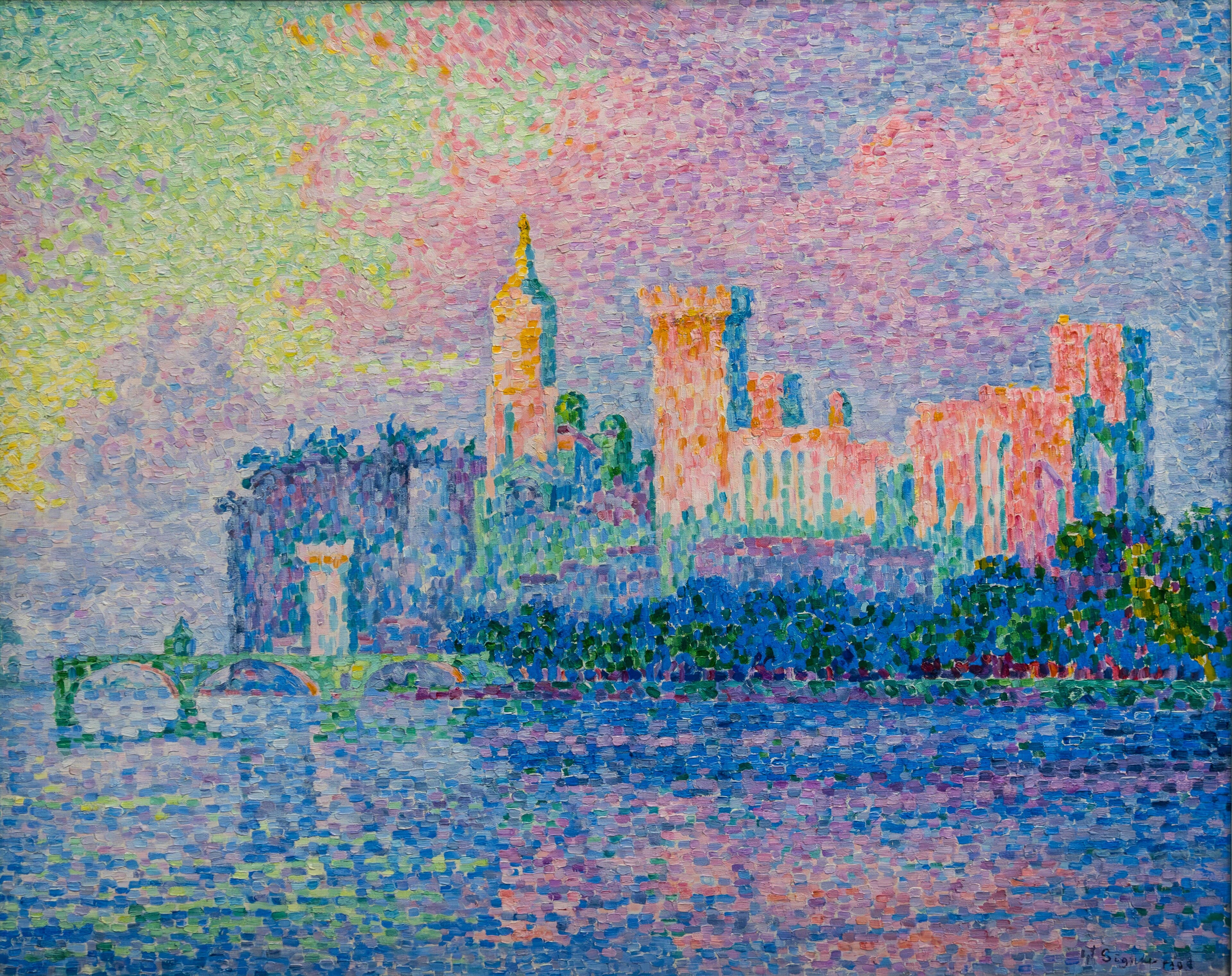 The Palace of the Popes at Avignon seen across the Rhône in evening light, painted in broad rectangular blocks of colour. Salmon-pink and orange tiles build the sunlit towers and battlements, cobalt blue tiles build the shaded walls, and a darker tower in blue and violet stands at the left with one lit cream and orange opening. A band of blue-green foliage runs below the palace, and the single arch of the Pont Saint-Bénézet crosses the lower left in blue and mauve with red along its crown. The river fills the bottom third in rows of blue, rose, lilac and emerald blocks, and the sky is green and lemon at the upper left turning pink across the top