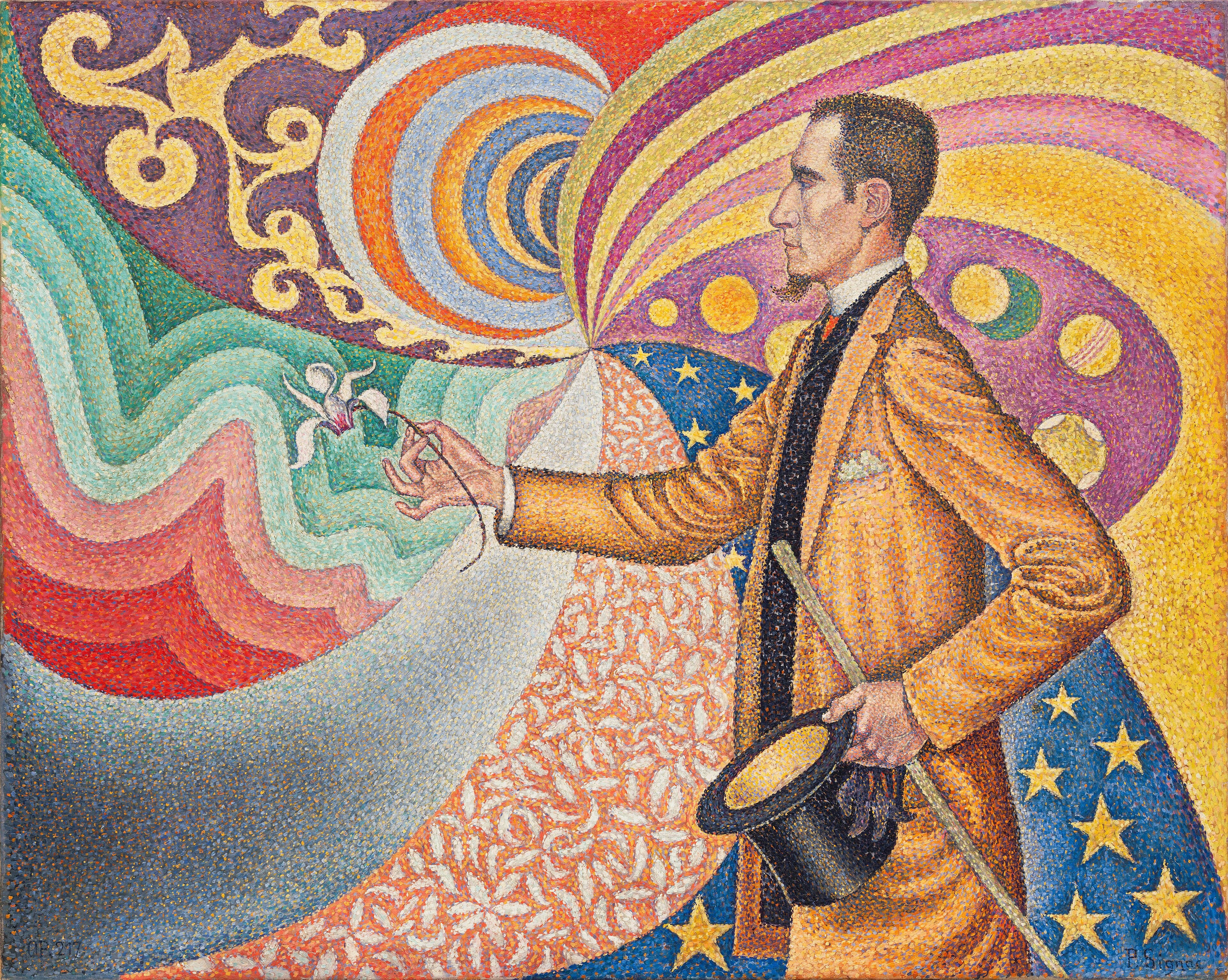A man in strict profile facing right, in a gold-ochre suit and long dark coat. The man holds a black top hat and a pale cane in one hand and offers a white flower with swept-back petals and a crimson throat in the other. Behind him a pinwheel of coloured bands in orange, pale blue, red, lemon, magenta, violet and green spins out from a point past his fingers. A yellow scrolling pattern fills the upper left and a deep blue field of gold stars runs down the right. The whole surface is built from small, even, round dots of colour