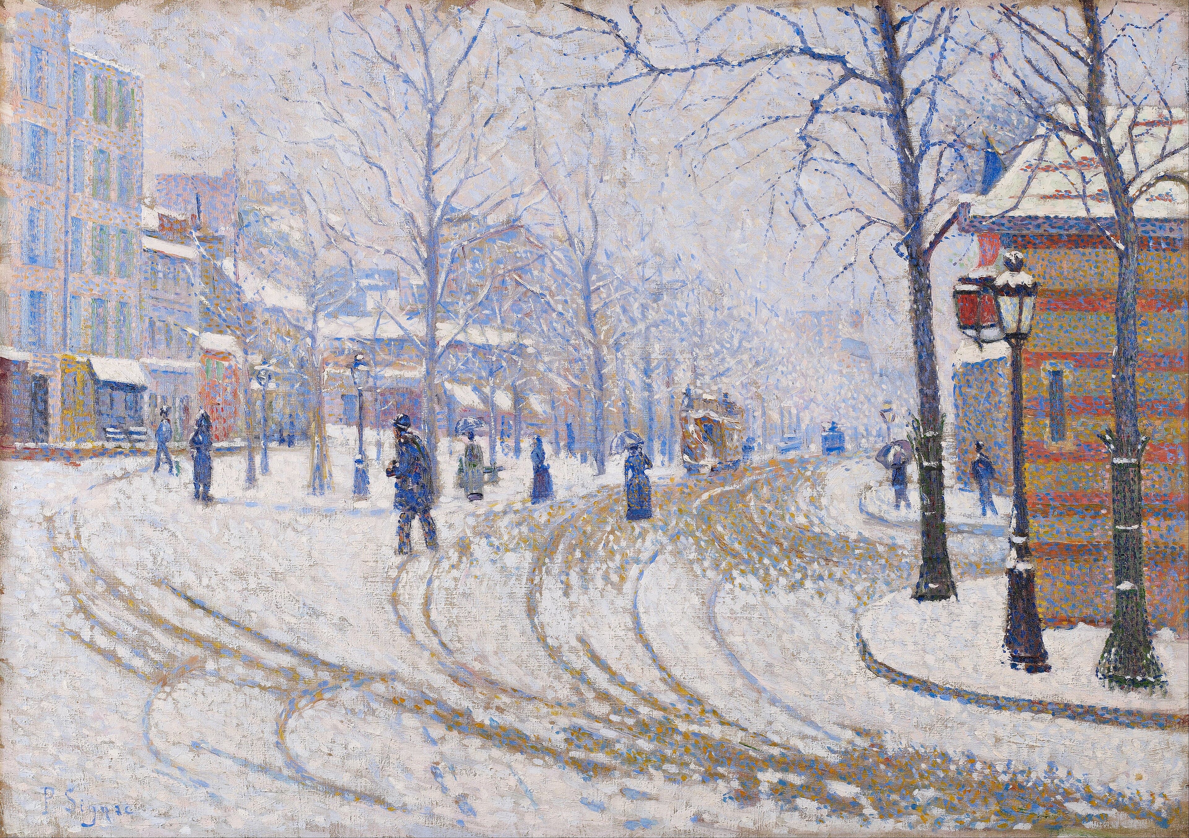 A Paris boulevard under snow, with long curving wheel ruts crossing the pale foreground in strings of gold and blue dots. Bare plane trees run up the middle of the road, a horse omnibus with a snow-covered roof stands among them, a man in a blue overcoat and bowler hat walks toward the viewer at the left of centre with figures under umbrellas behind him, and at the right a red-brick and ochre corner building carries a red and blue hanging flag and a tall black cast-iron lamp standard whose glass lantern is capped with thick white snow