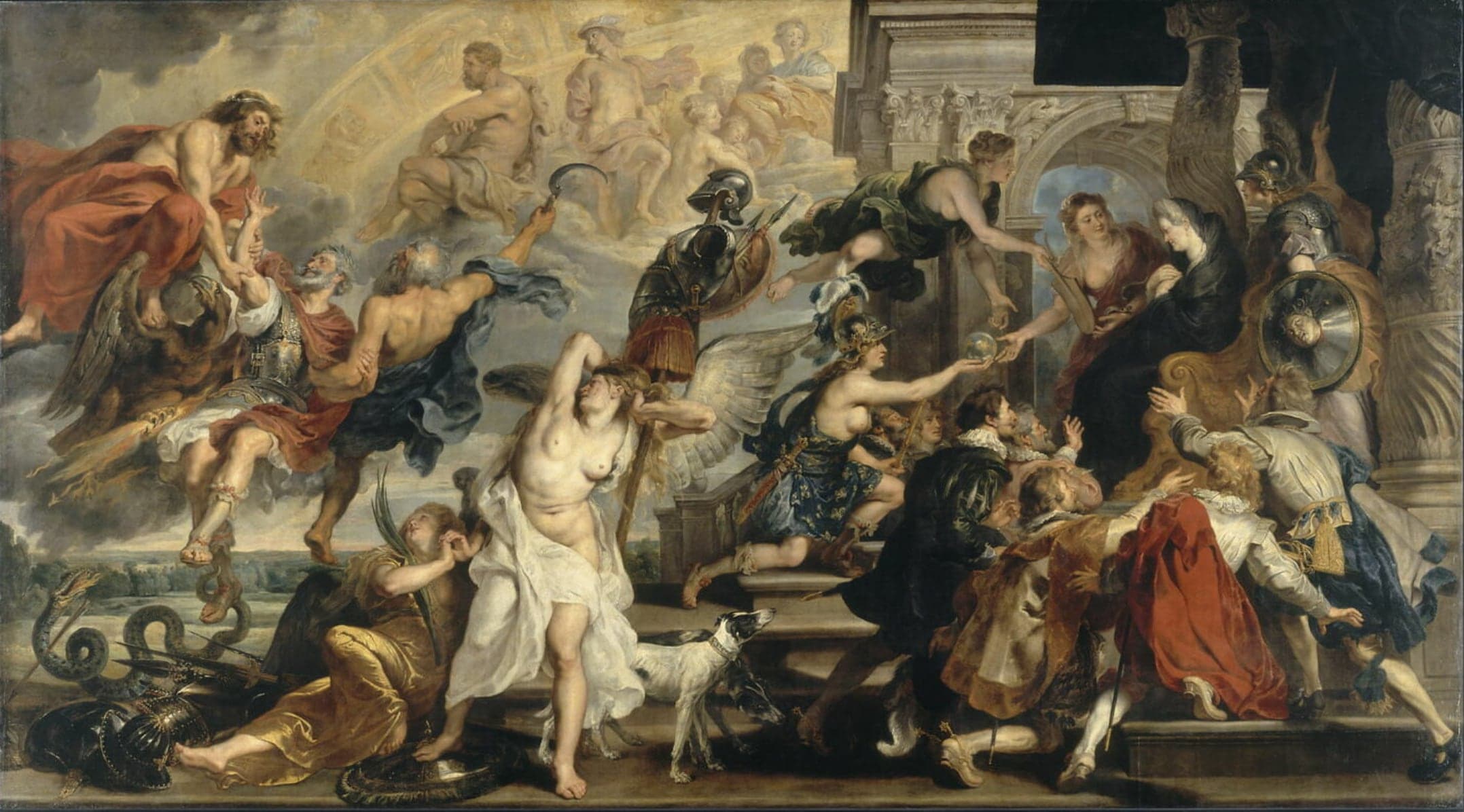 A very wide canvas in two halves. On the left a bearded man in red reaches down from a cloud with an eagle beneath him toward a laurel-crowned man in armor and a red cloak, who is held from behind by an old man raising a sickle. A group of pale figures sits in golden light above them. Below, a woman in white drapery stands with one arm over her head beside a suit of armor hung on a pole, a woman in gold sits on the ground with a palm branch, a serpent coils near a helmet, and a white greyhound stands at the bottom center. On the right a woman in black widow's dress and veil sits on a throne under a dark canopy. A helmeted figure in blue with gold fleurs-de-lis kneels and offers her a globe, a woman beside the throne holds a long rudder, a woman in green flies in above, a helmeted figure with a shield stands behind, and men in ruffs kneel on the steps reaching up