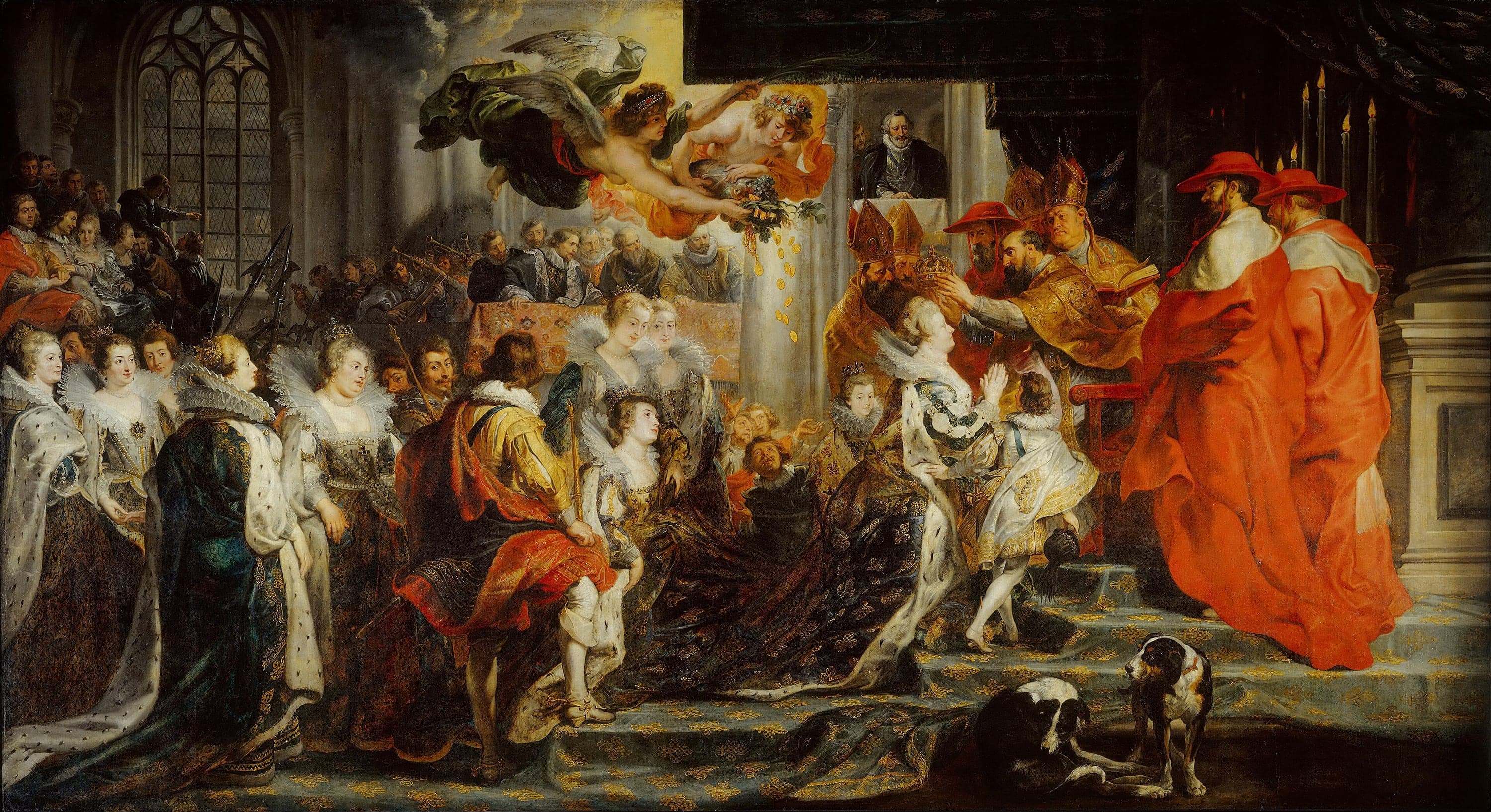A very wide canvas of a coronation inside a church. Right of center a woman kneels with joined hands in a blue and white gown and an ermine mantle that spreads down the steps behind her, while a bald, bearded man in a gold cope lowers a crown onto her head with a cardinal in a red hat at his shoulder. Bishops in gold mitres stand beside him and two cardinals in red robes stand at the far right beside tall candles. A boy in white with a blue sash stands beside the kneeling woman, seen from behind. Far above, a man in a black hat and white ruff leans on the balustrade of a tribune. Two winged figures fly in at the top center pouring gold coins from a cornucopia. Women in white ruffs and ermine-lined robes fill the left, with rows of spectators and a Gothic window behind them. Two black and white dogs sit on a fleur-de-lis carpet at the bottom right