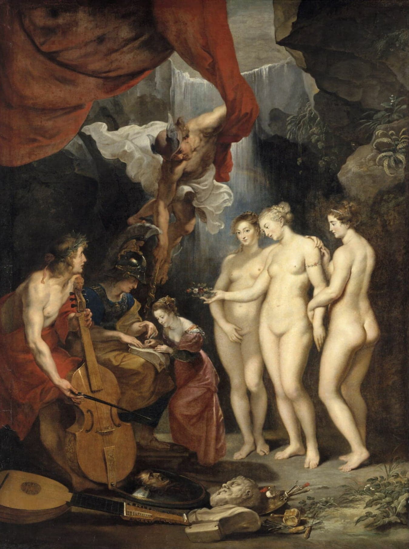 A tall canvas set in a dark rocky grotto with a waterfall at the back and a red curtain drawn across the top left. A god in a winged helmet dives head first from the top center with white cloth streaming behind him. At the left a laurel-crowned young man in red drapery plays a bass viol with a bow. Beside him a goddess in a dark plumed helmet and a blue and gold robe guides the hand of a girl in a rose dress who bends over a book. At the right three naked women stand with their arms around each other, the nearest holding a small garland over the girl's head. On the ground lie a lute, a second stringed instrument, a dark oval plaque with a bearded face, a marble head on its side and a palette with brushes