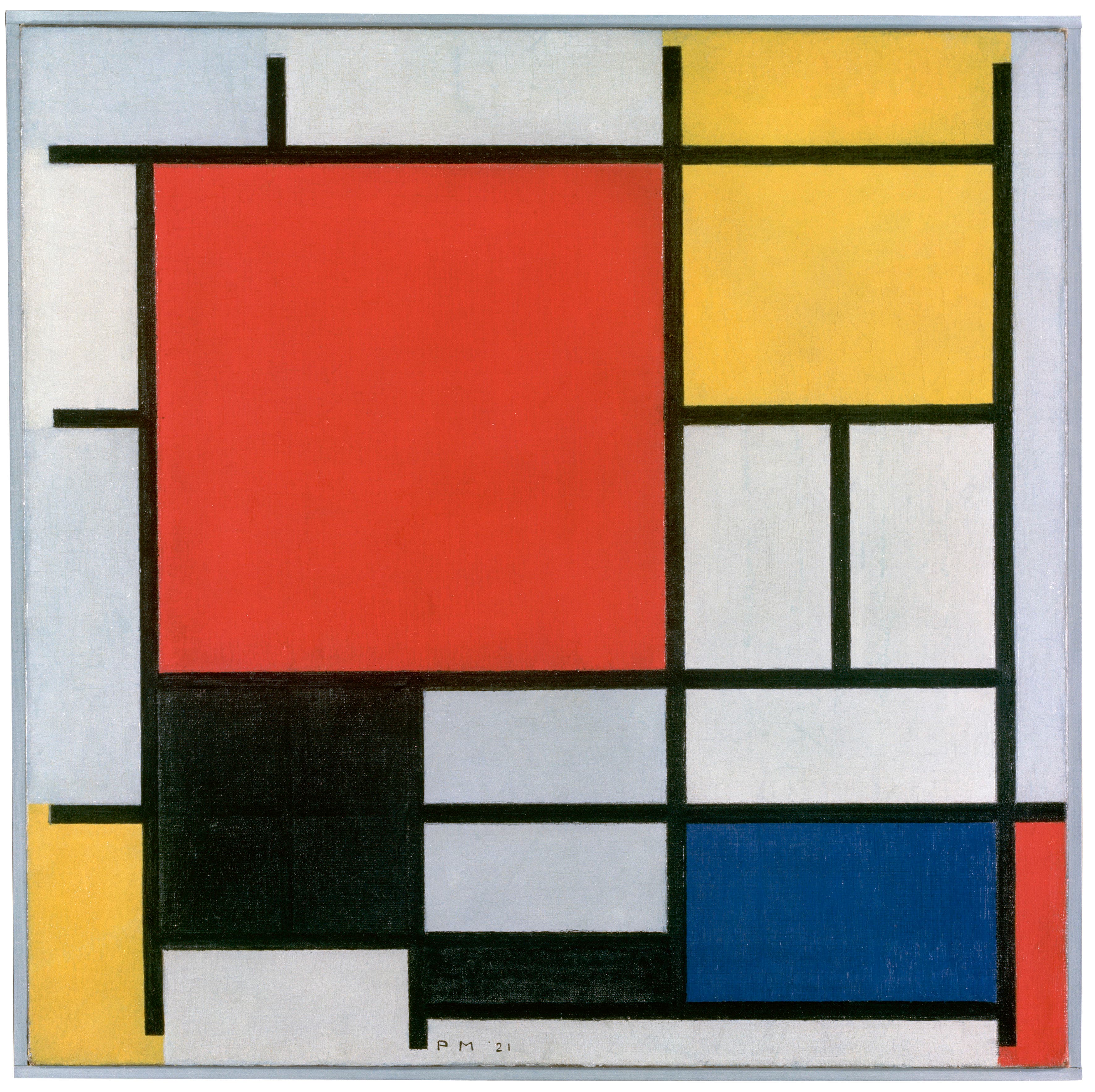 A square canvas divided by hand-painted black lines into rectangles. A large warm red plane fills the upper left and centre. A band and a block of ochre-yellow sit at the top right, and a third yellow block is in the bottom left corner. A deep blue block sits low on the right, with a small red block wedged into the bottom right corner. A large black rectangle sits below the red, and the remaining rectangles range from warm cream to cool grey. Signed at the bottom centre, P M '21