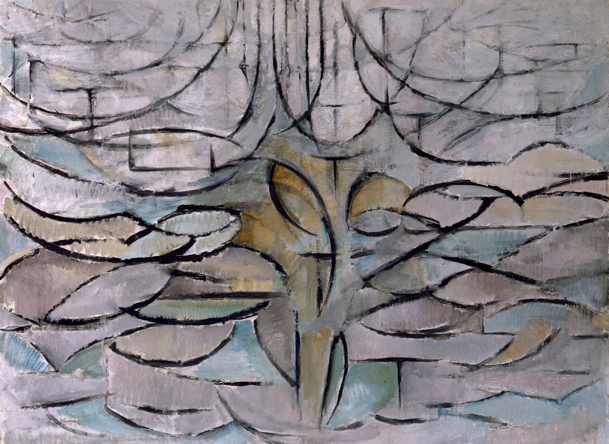 A tree reduced to rows of pointed oval shapes outlined in broken black, stacked in tiers across a mauve-grey ground. A narrow olive-ochre wedge rises from the bottom centre and forks into a short Y, and pale blue-green runs along the bottom edge and the lower right. At the upper left two rectangles are drawn in black among the curves