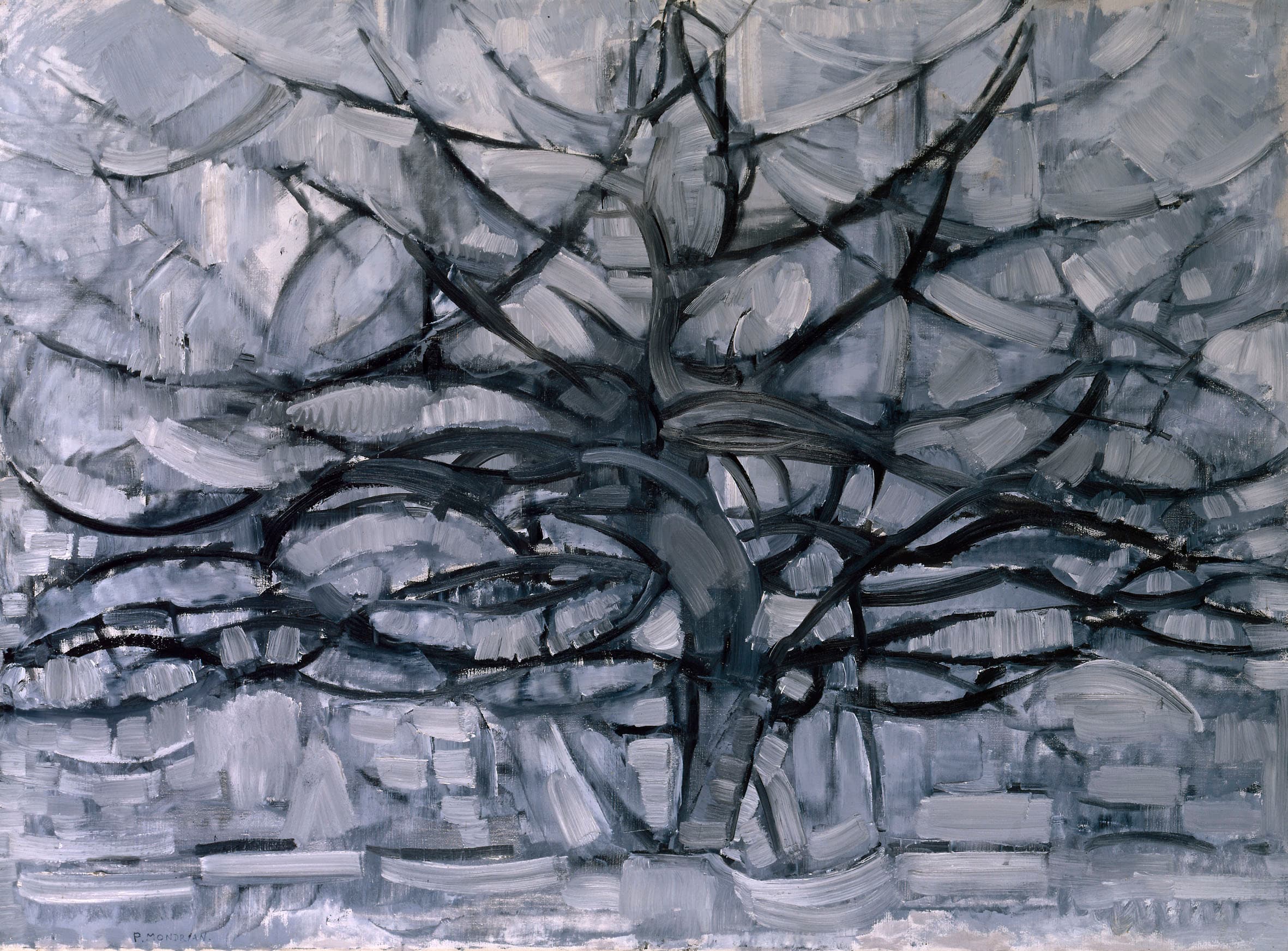 A bare tree filling the whole canvas in black, white and grey. The trunk rises just left of centre and forks near the top, and long dark curved branches sweep out to every edge. The gaps between the branches are filled with short parallel grey strokes, and the lower third becomes a band of stacked horizontal dashes