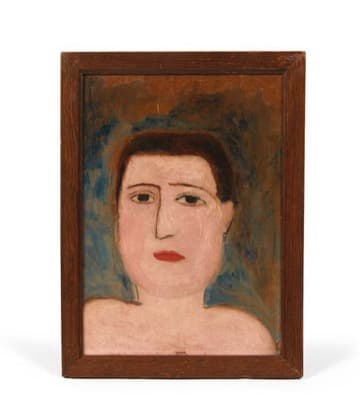 Small framed oil sketch of Apollinaire, shown frontally and bare-chested against a blue and brown ground, with dark hair and red lips