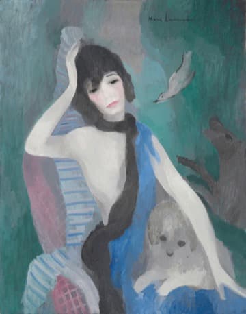 Chanel seated with her head against her raised right arm, a white poodle on her lap and a dove descending, in pale greens, blues, and pinks