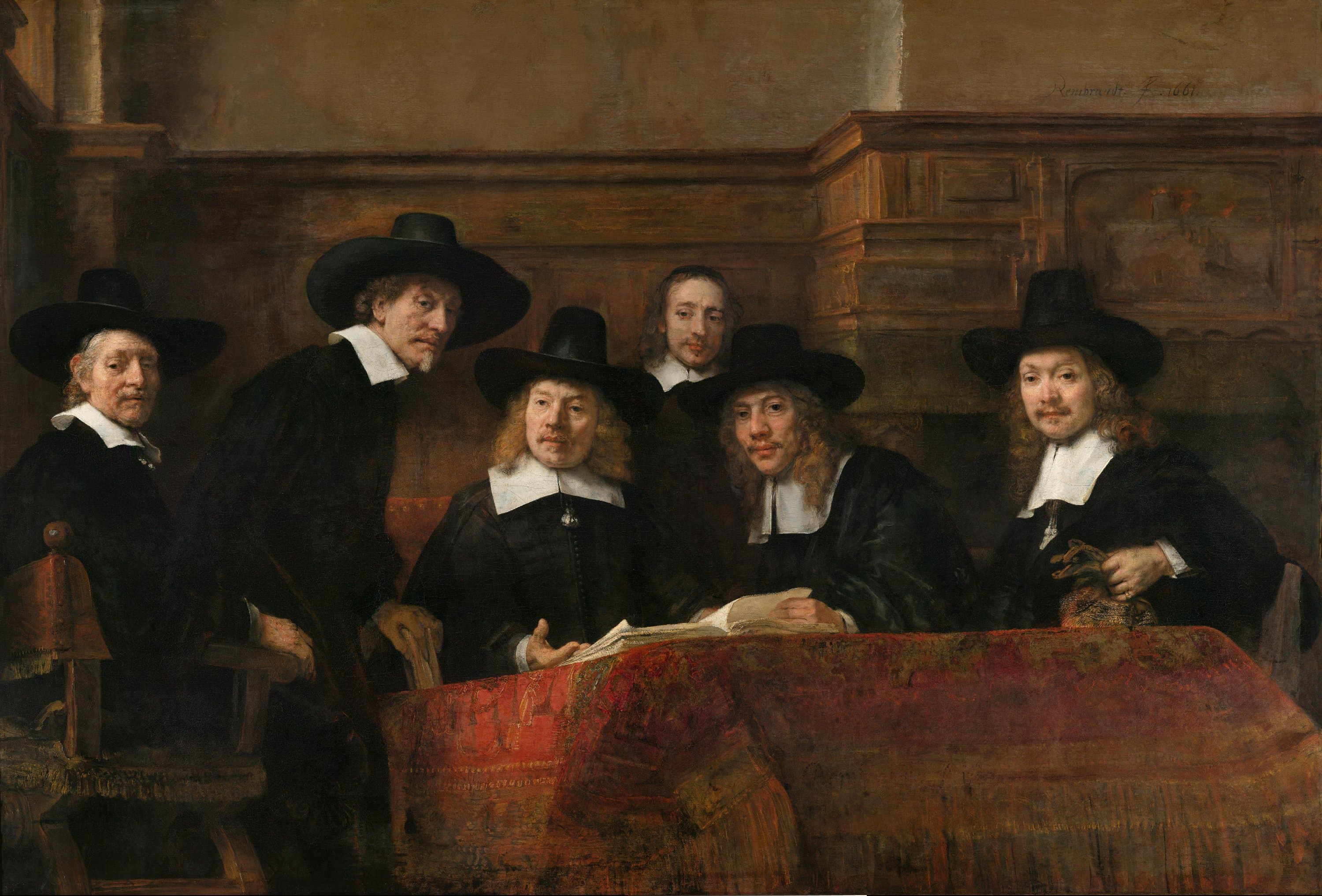 Six men in black, five in tall black hats and wide white collars, gather behind a table covered with a red patterned rug in a room with brown wooden paneling. All six look out at the viewer. An old man sits at the far left, a second man is half risen from his chair, a man in the middle holds his hand out over an open book, and a bareheaded man stands at the back. At the right a man rests his hand on what looks like a small patterned bag. Faint writing runs along the wall at the upper right