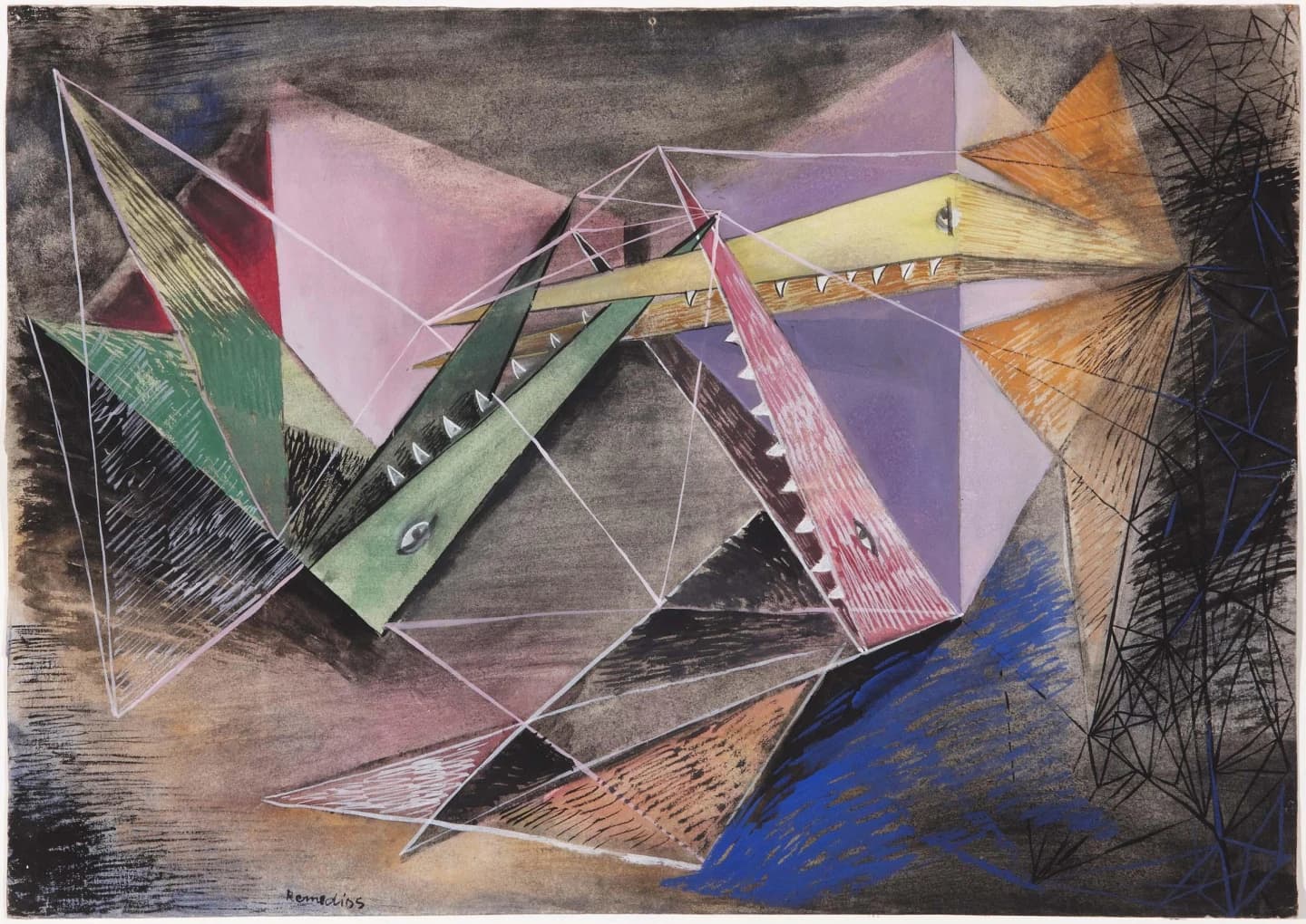 A horizontal sheet filled with flat faceted planes in pink, mauve, olive green, grey and orange over black chalk hatching, tied together by pale ruled lines like a wire frame. Across the upper right a long wedge made of a pale yellow plane above and a hatched orange plane below meets along an edge set with a row of white triangular teeth, with a small grey lens near its tip where an eye would sit. A second toothed wedge in green and pink bites in from the left. A black thicket of ruled lines closes the right edge over blue chalk, and the name remedios is written small in cursive at the lower left