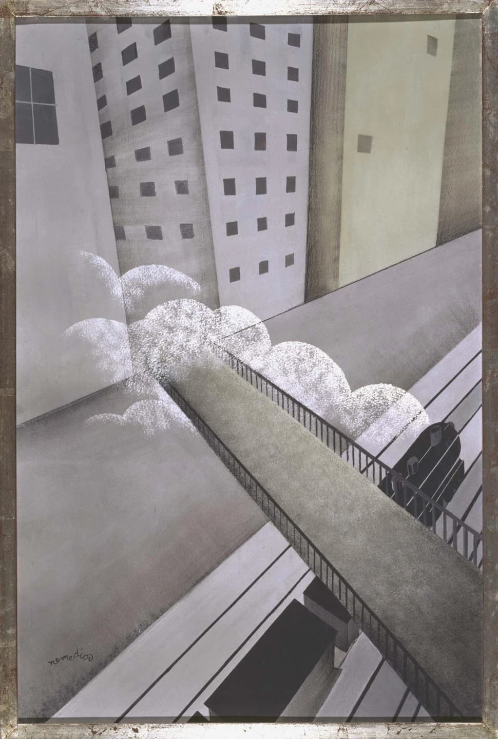 A grey city seen from high above and tilted over. Pale slab-sided tower blocks punched with dark square windows lean across the upper half, and a wide ramp runs diagonally from the lower left to the upper right carrying a railing of thin black uprights. A black steam locomotive with a tall chimney and a shorter dome runs along the ramp at the lower right, seen from above and behind, with pale rails beneath it and a bank of white stippled steam rising ahead of it. The panel is framed in distressed silver