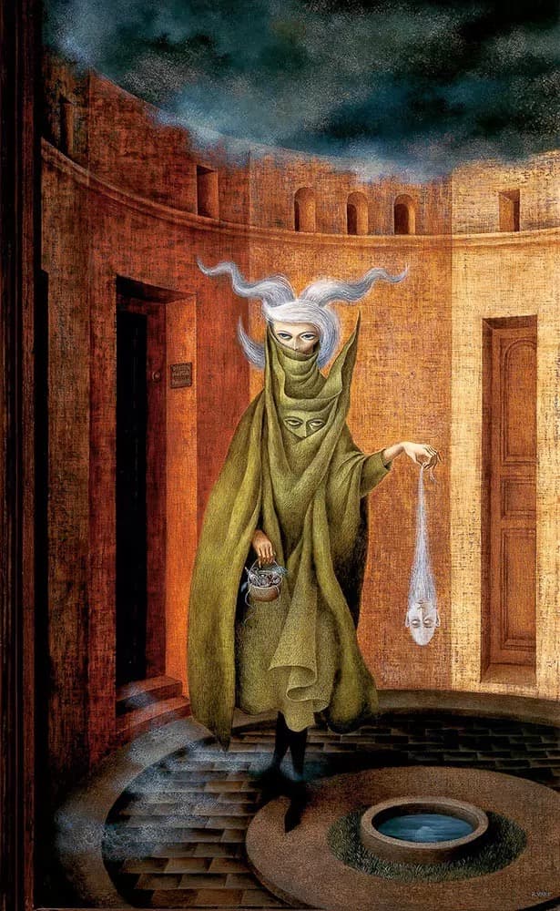 A woman wrapped head to foot in a stiff olive-green cloak walks out of a dark doorway into a round courtyard walled in ochre masonry with shallow arched niches along the top. Her white hair rises in three curling sweeps and the cloth covers her face from the bridge of the nose down, leaving only heavy-lidded eyes. A second face with the same eyes looks out of the cloak at her chest. Her right hand holds a small round basket by a wire handle with pale objects inside and grey threads spilling below. From her extended left hand a long tapering white veil hangs, ending in a man's upside-down head, pale as smoke, eyes shut, held over a low circular wellhead ringed with dark grass and filled with flat blue-grey water