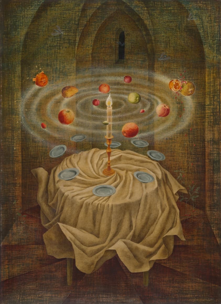 Inside a stone tower with pointed arches and a narrow lancet window, a round table covered by a heavy fawn cloth lifts off a deep red-brown floor. The cloth winds anticlockwise into a spiral centred on the foot of a turned orange-brown candlestick holding one lit candle. Grey pewter plates lie on the cloth and float clear of its edge. Above them apples, a peach, a yellow-green apple, an orange and small scarlet berries orbit in wide elliptical rings of pale granular light, and at the upper right a split pomegranate throws off a spray of seeds against a pear. Four insects with long transparent wings hold position near the corners, and thin green seedlings with paired leaves and small red buds rise from the floor at the table's right