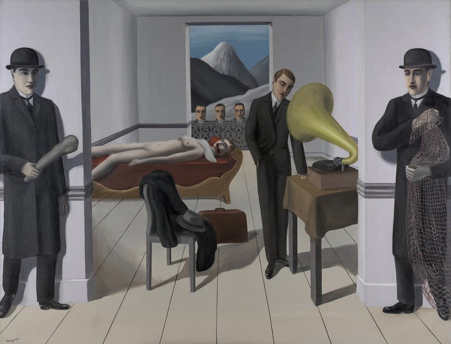 A pale room with bare board floors and a dark grey rail round its grey-white walls. A naked woman lies on her back on a low couch at the left, on a red-brown cover over pale carved wood. Blood runs from her mouth, a red band sits on her head and a white cloth is bunched at her shoulder. A young man in a dark suit stands in the middle of the room, beside a gramophone whose large pale yellow-green horn turns up and to the left. A black overcoat and a hat lie on a grey chair, with a tan suitcase on the floor. Two men in bowler hats and dark overcoats wait at the edges of the doorway, one holding a grey-green club, the other an open-meshed brown net. Three near-identical men look in over an ornamental grey railing at the back, against a snow-capped mountain under a blue sky