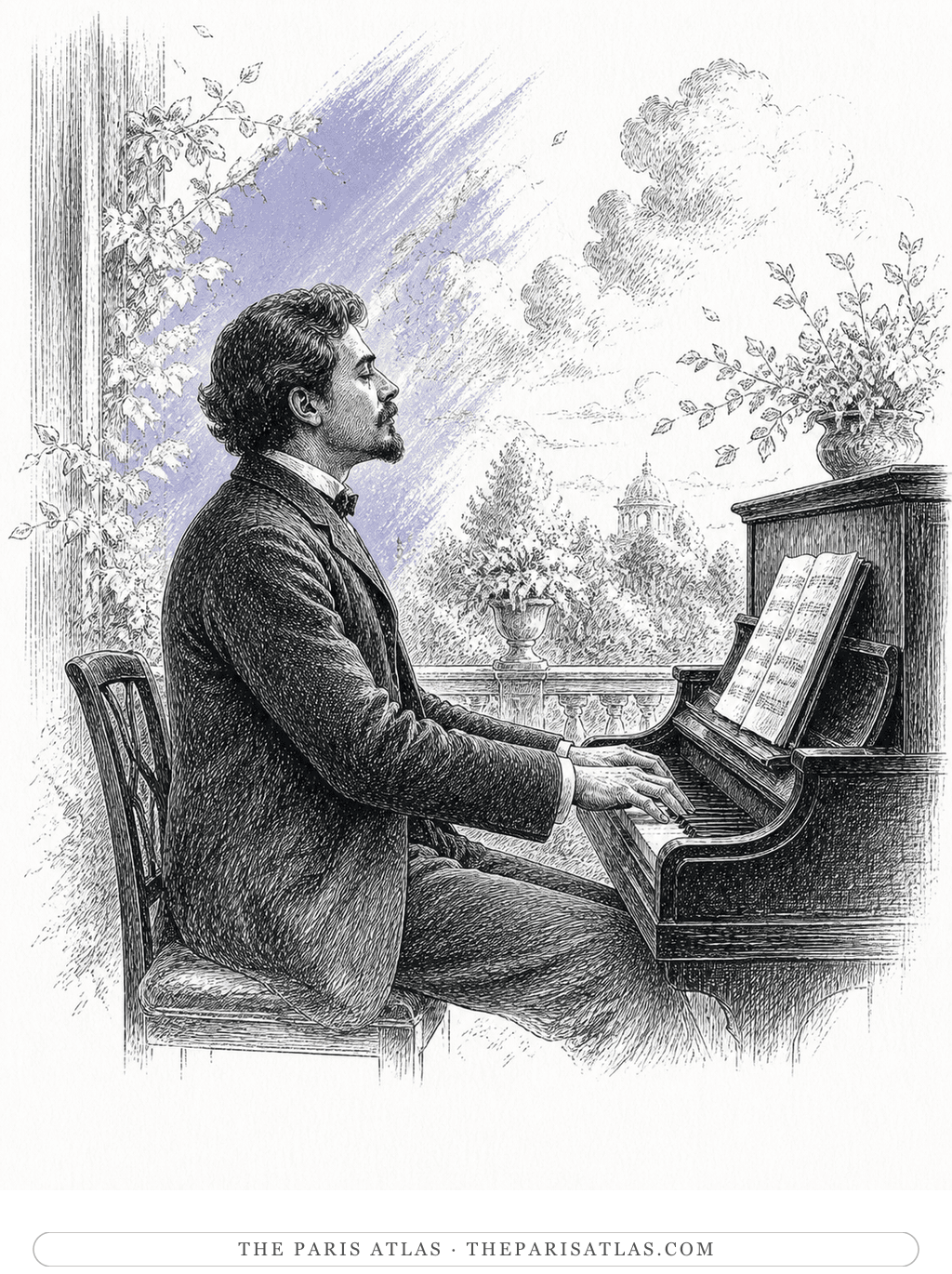 Pen-and-ink illustration of a pianist at an upright piano before a garden and cloud-filled window, with a pale lavender-blue brush stroke.
