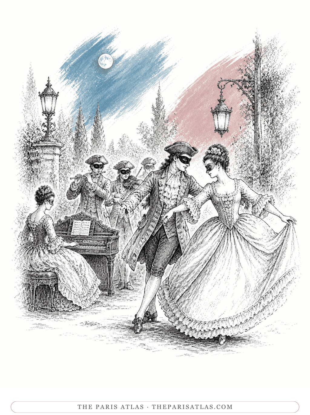 Pen-and-ink illustration of masked dancers and musicians in a moonlit garden, with dusty-rose and moon-blue brush strokes.