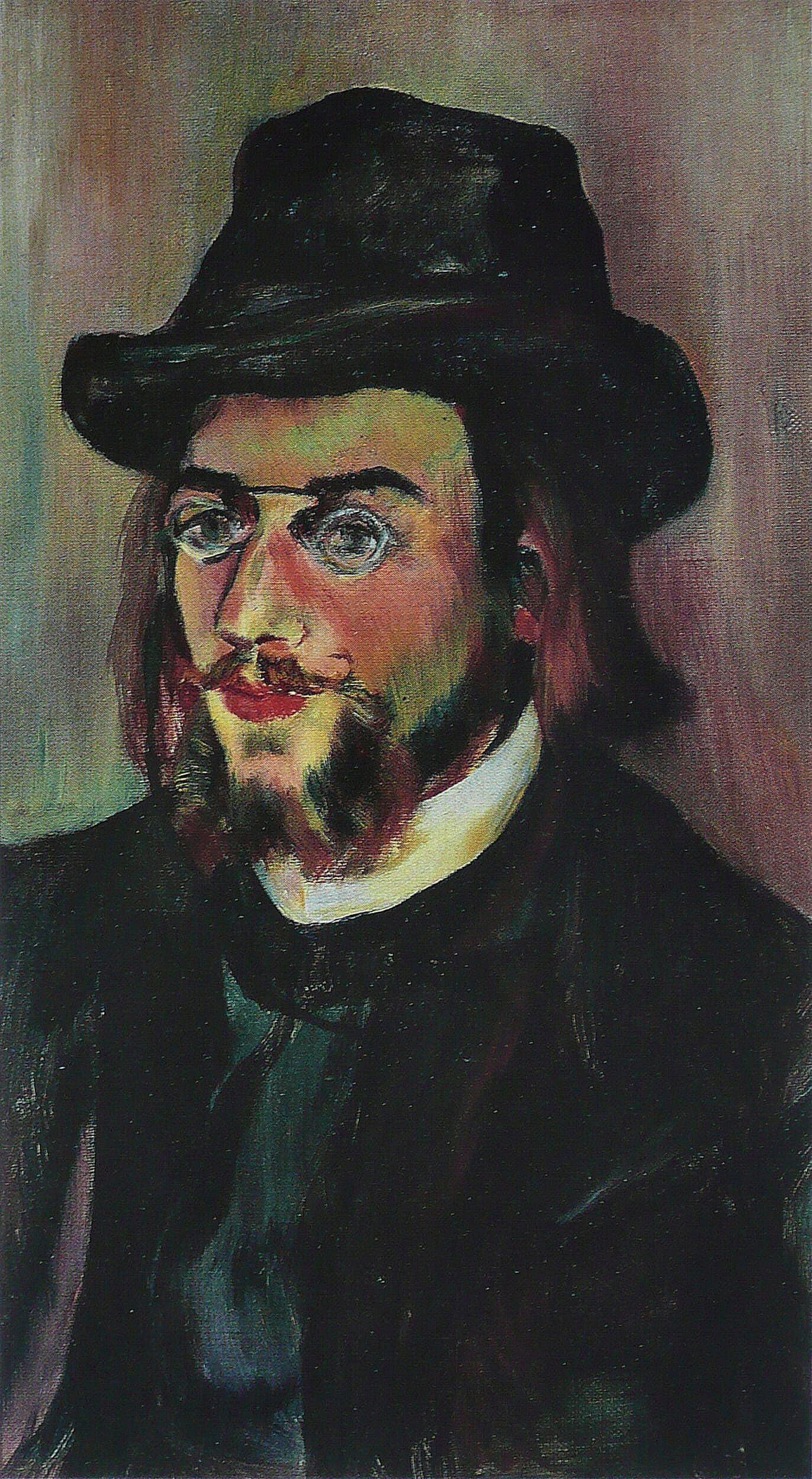 Head-and-shoulders portrait of a young man on a narrow upright canvas. He wears a soft black hat with a turned brim, a white collar and a dark coat, and looks slightly to his right. Straight reddish-brown hair hangs down both sides of his face, reaching the coat on one side and the jaw on the other. A short beard and a drooping moustache frame a bright red mouth, and pale grey-green eyes show behind a pince-nez. The background is streaked green-grey on the left and dull mauve on the right.