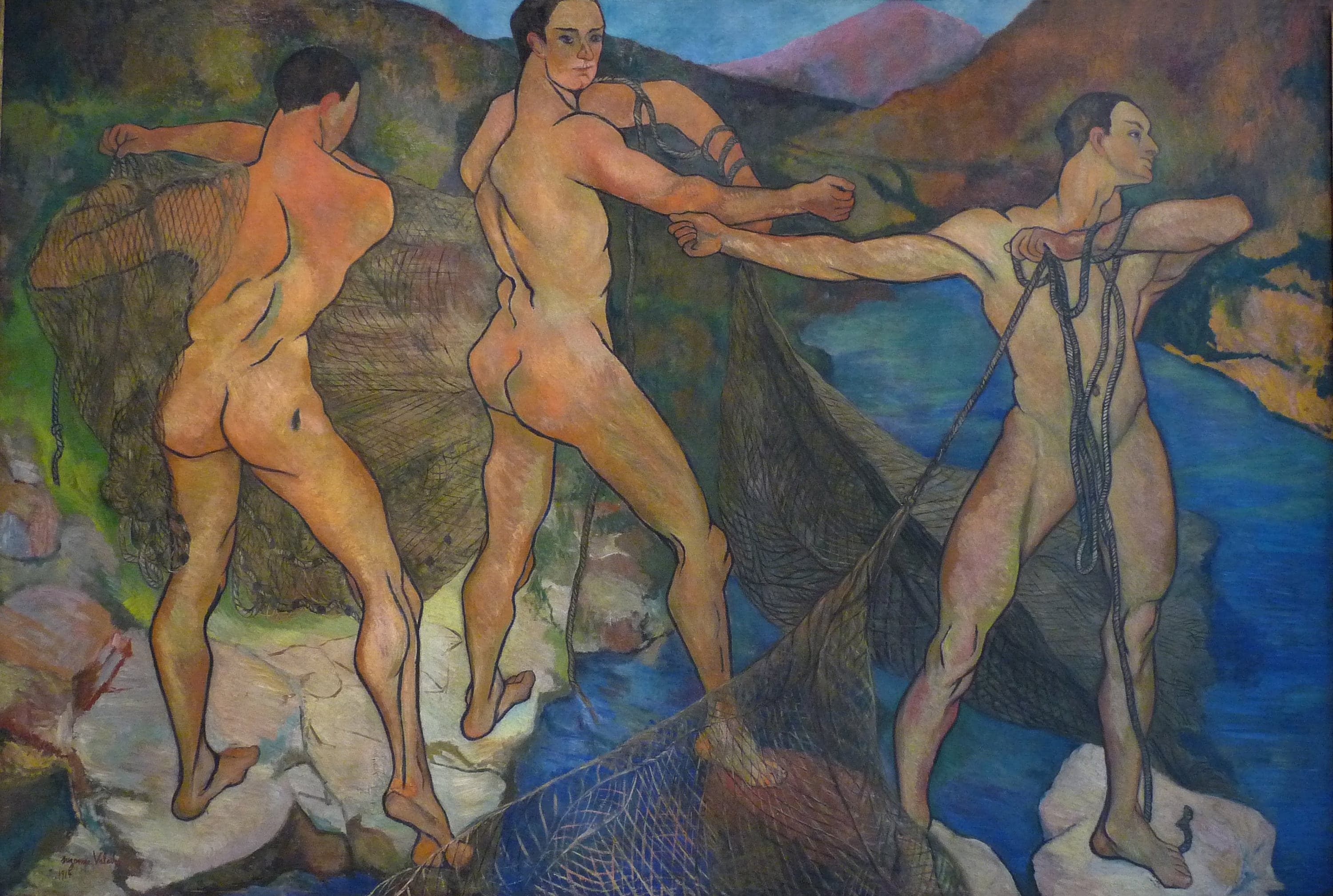 Three naked men on pale rocks above blue water. The one at the left is seen from behind, bent forward, his raised left fist gripping a brown mesh net. The one in the middle strides forward with both fists thrust out to the right and a rope coiled around one upper arm. The one at the right stands with his arms stretched level and twisted cords hanging from them, his head in profile. Olive and brown hills and a pink peak rise behind, and the net sweeps across the lower third of the canvas.