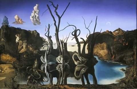 Swans Reflecting Elephants: three swans and bare trees reflected in a lake so that their bodies, necks, and reflections also form three elephants