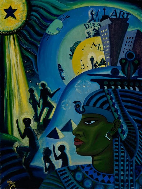 The Ascent of Ethiopia: a monumental blue profile with an Egyptian headdress at lower right, small figures climbing a slope of stars toward a city where lit windows read art, drama and music