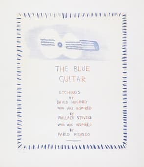 The Blue Guitar title page: a small etched still life inside a blue dotted border, above the handwritten lineage — etchings by David Hockney, who was inspired by Wallace Stevens, who was inspired by Pablo Picasso