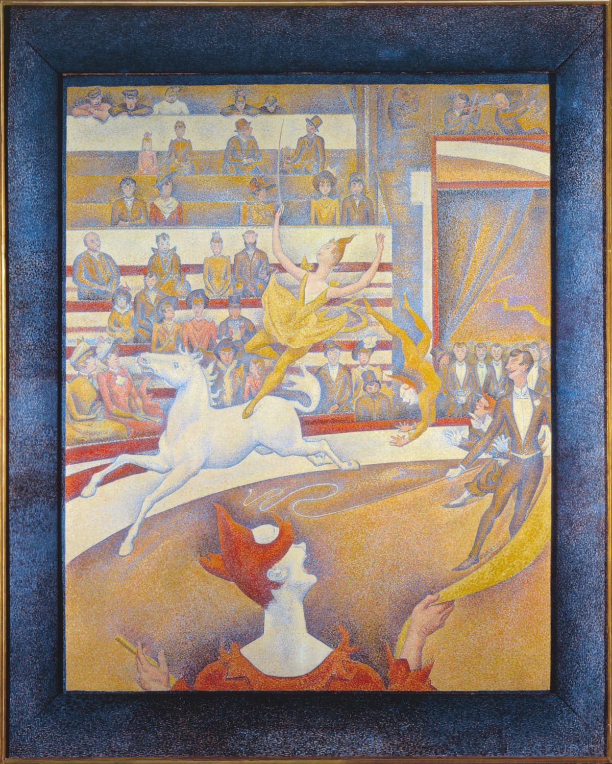 Georges Seurat's Pointillist circus scene with a white horse, acrobat, ringmaster, clown, and tiered audience