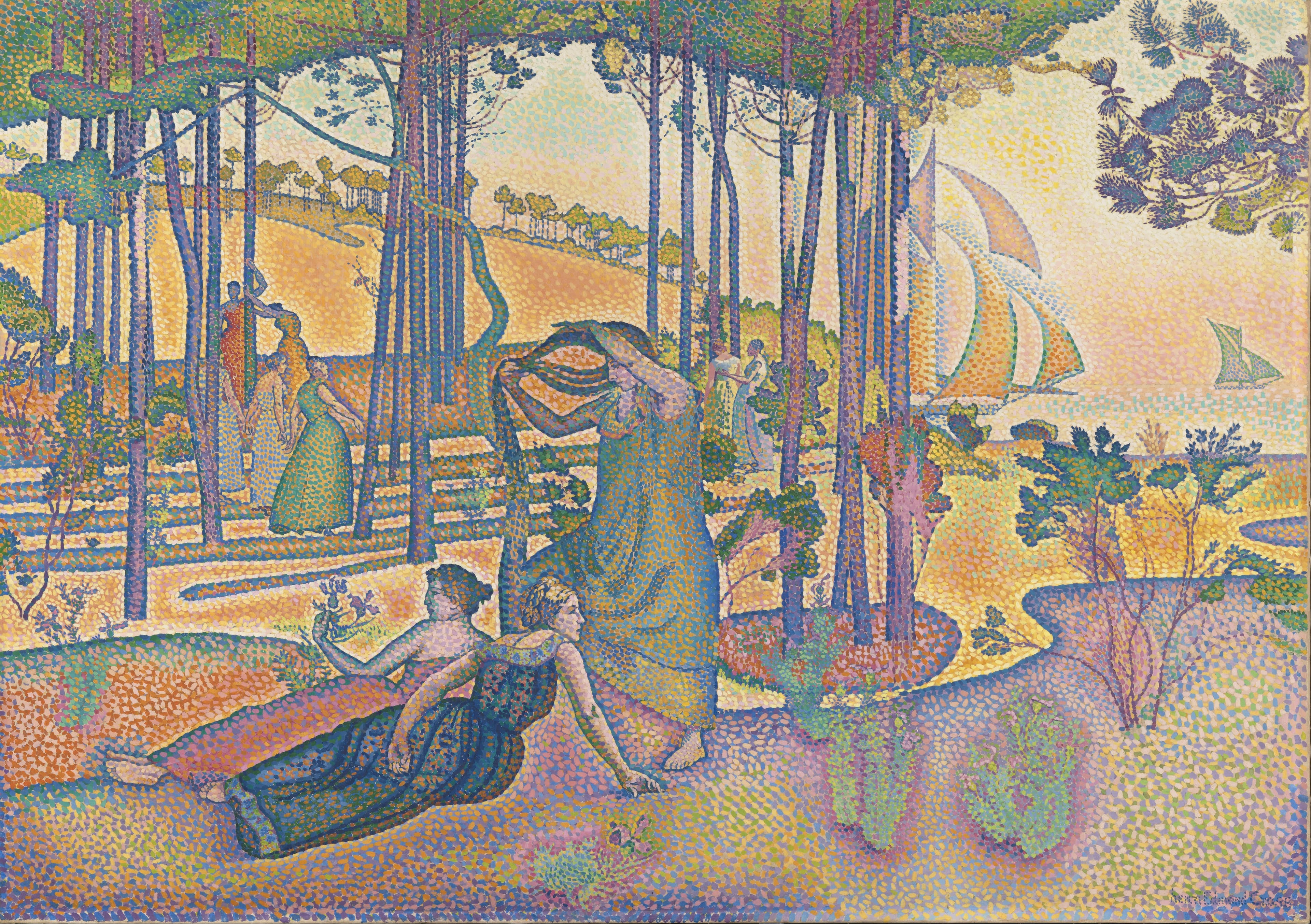 Henri-Edmond Cross's Pointillist Mediterranean landscape with resting figures beneath tall trees, sailboats, and evening light