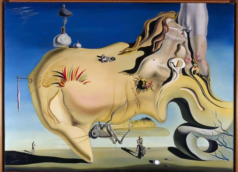 The Great Masturbator: a large soft yellow head lying nose-down against a blue sky, a grasshopper where the mouth should be, and a woman's head rising from the back of it