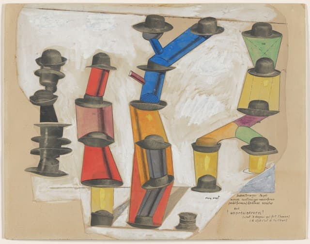 Ernst's The Hat Makes the Man: columns of clipped hat forms rise like brightly colored mechanical bodies over a pale catalogue page, with handwritten text along the lower edge