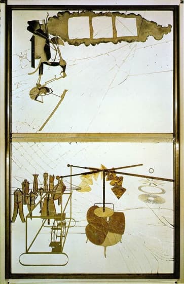 The Large Glass: a tall two-panel work on cracked glass, a mechanical bride-form above and a row of bachelor-machine elements below, drawn in lead wire and foil.