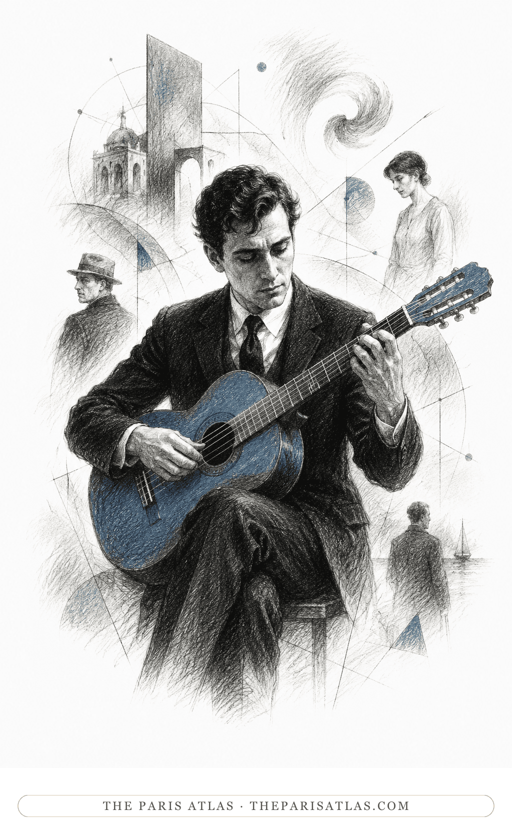 House illustration for The Man with the Blue Guitar: a suited man bent over a blue guitar in pen-and-ink, ringed by faint geometric lines, a domed city, a spiral, and half-drawn onlookers