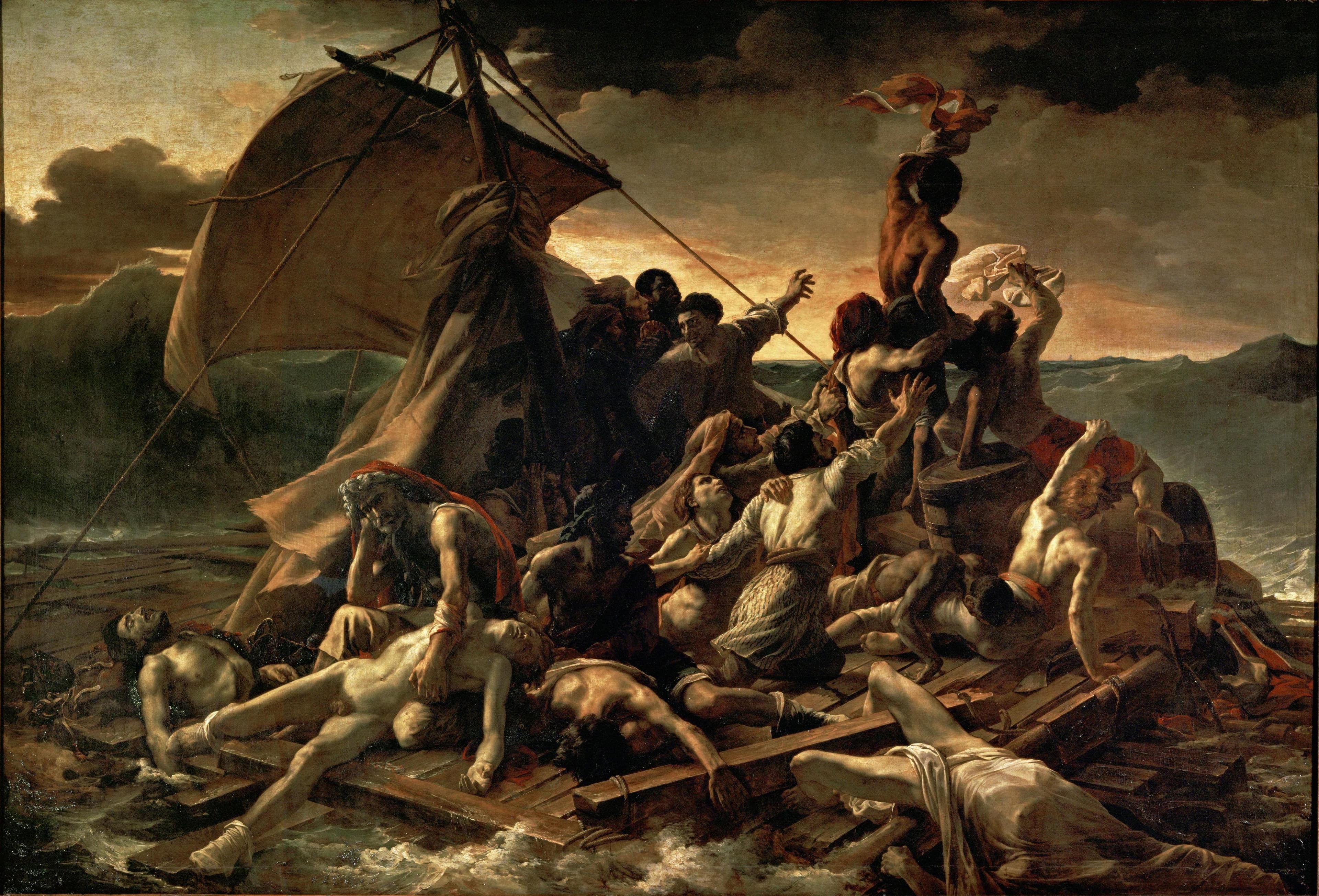 Théodore Géricault's Raft of the Medusa: dead and living shipwreck survivors crowded on a timber raft, rising toward a Black man who waves cloth at a tiny rescue ship on the horizon