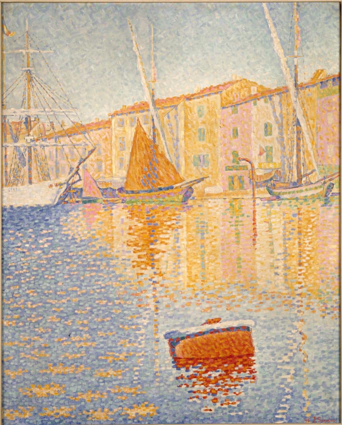 Paul Signac's Pointillist view of Saint-Tropez harbor with a vivid red buoy, boats, waterfront buildings, and reflected color