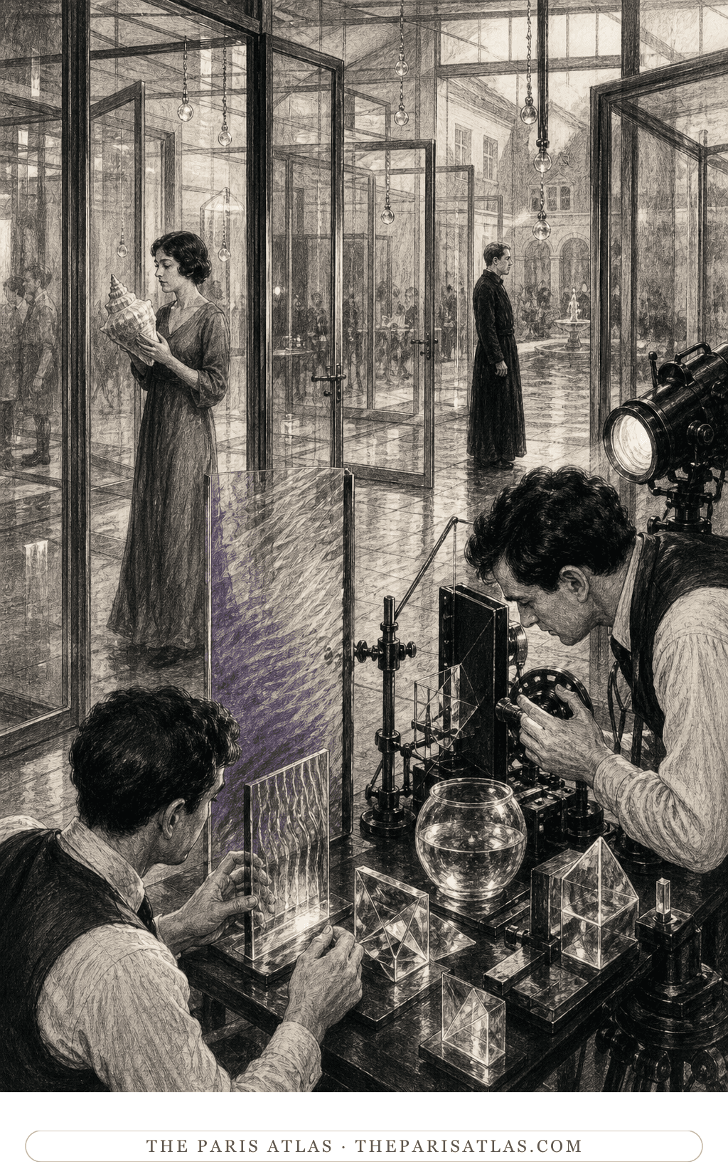 House editorial illustration for The Seashell and the Clergyman: fully clothed adult performers and technicians work among a seashell, glass corridors, prisms, lamps, and a film camera.