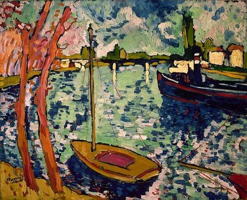 Maurice de Vlaminck's The Seine at Chatou: red-roofed houses, trees, and a trawler crowd the riverbank beneath a vivid blue sky, painted in forceful daubs and swirls of primary colour