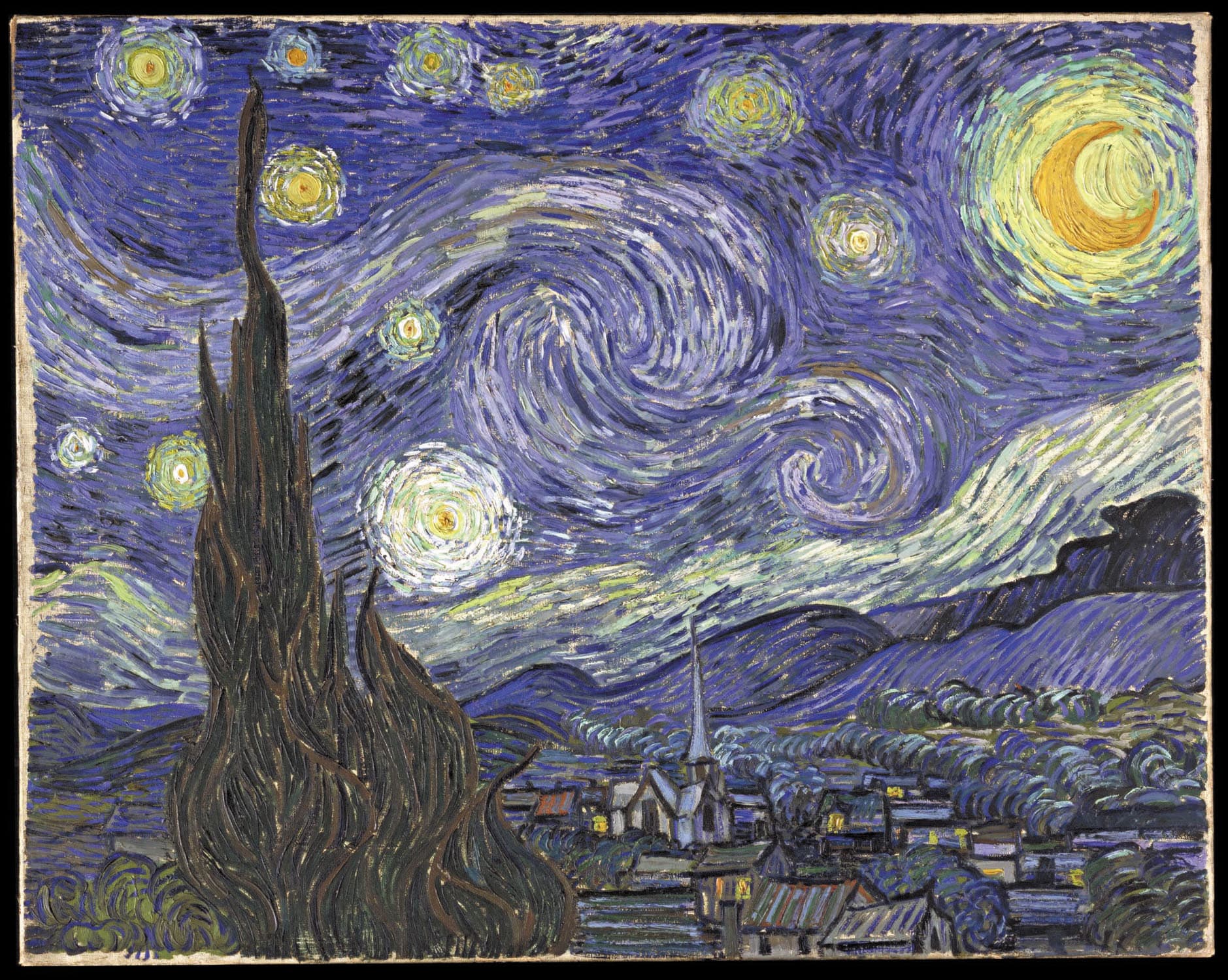 A dark cypress above a village beneath a blue swirling sky, bright stars, and a yellow crescent