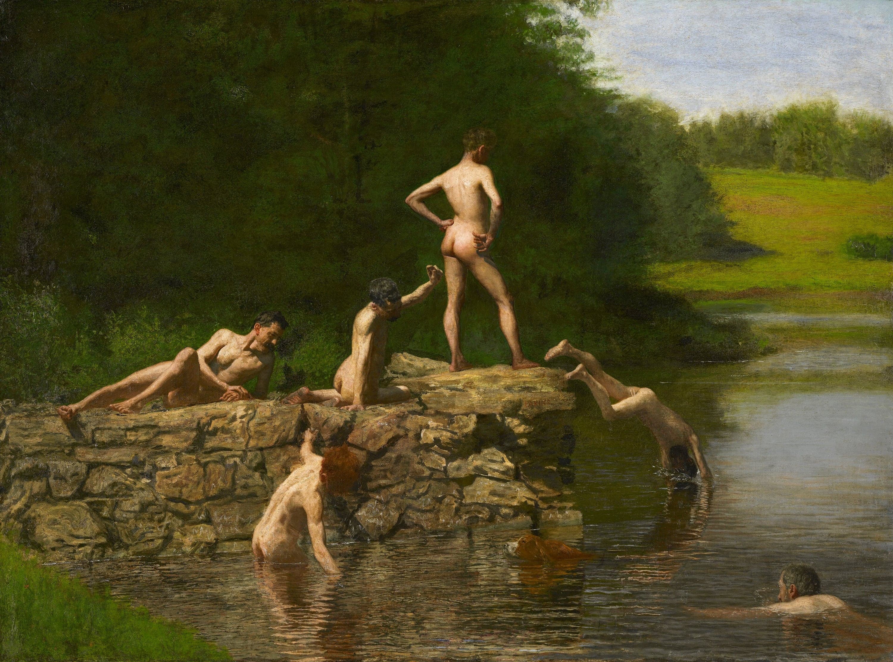 Six naked men and a dog at a pool below a pier of rough stone, framed by dark green woods with a sunlit meadow at the upper right. A man with a moustache reclines on the rock at the left, a dark-haired man sits beside him pointing towards the water, a man seen from behind stands with hands on hips at the top, and a diver plunges head-first into the water at the right with his legs in the air. A red-haired man wades below the pier with his back turned, a red setter swims in the centre, and a swimmer's head and shoulders cut through the water at the bottom right.