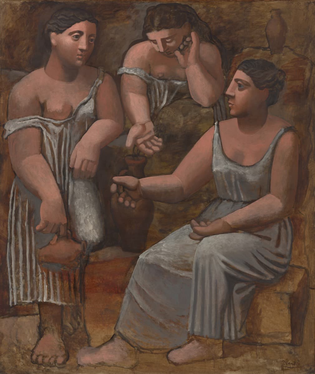 Three Women at the Spring: three massive women in gray chitons with sculptural limbs gathered around a stone spring, one holding a water jar