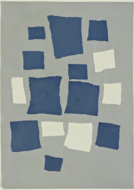Arp's Untitled (Collage with Squares Arranged according to the Law of Chance): irregular blue and white torn-paper rectangles distributed across a grey-blue paper ground