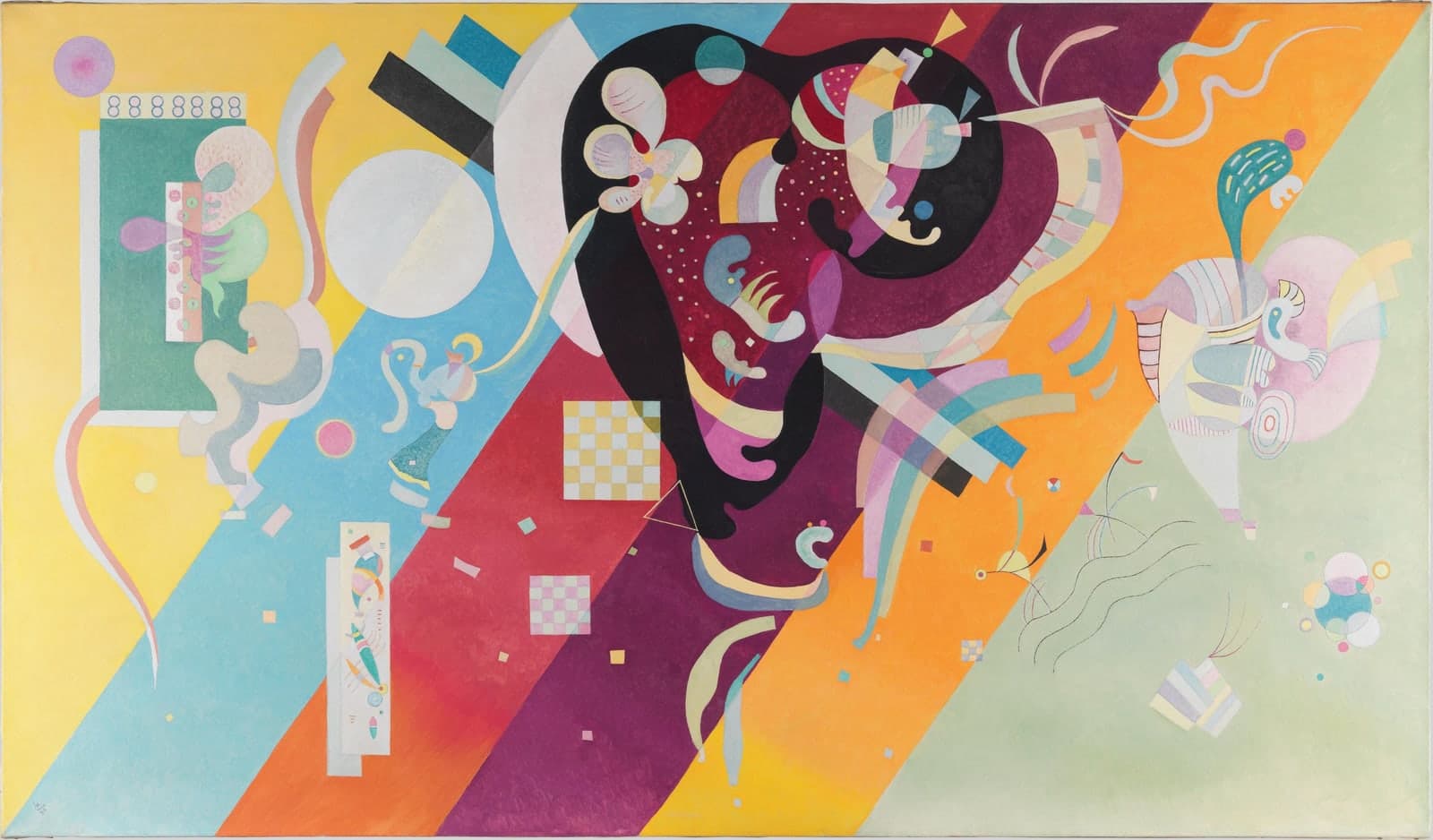 Kandinsky's Composition IX: six diagonal bands of flat colour, yellow, blue, red, purple, orange and pale green, lean toward the upper right behind a large dark kidney-shaped form with a black rim and crimson interior that holds a white four-lobed cell and a field of pale dots. A white circle sits on the blue band, a green panel with a row of seven figure-eights on the yellow, a tall white panel of tiny signs at the lower left, two checkerboards below the dark form, and a pink cloud with a spiral and a teal feathered form at the right