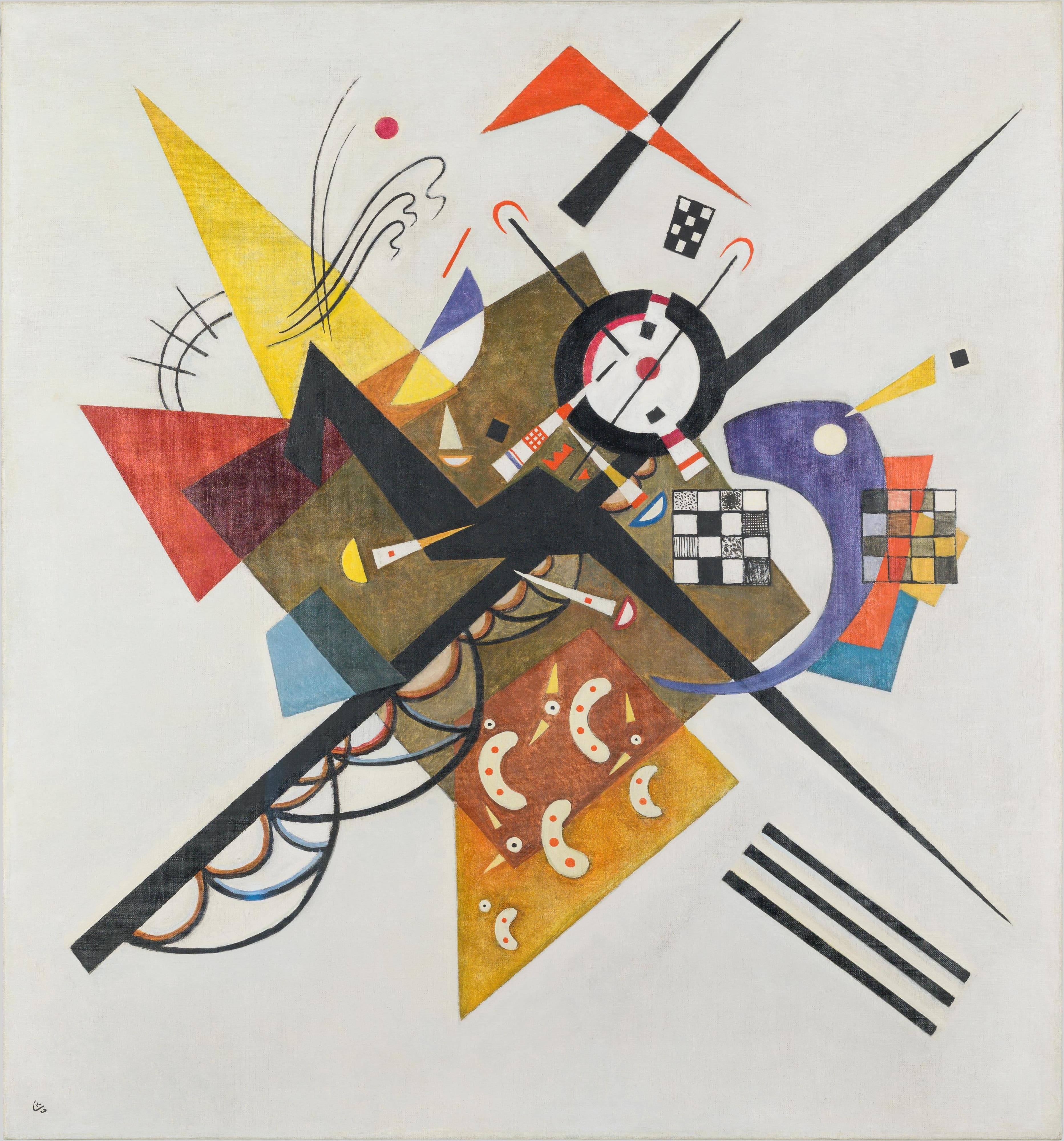 Kandinsky's On White II: on a flat off-white ground, a yellow wedge tapers toward the top left, a black chevron lies over an olive-brown quadrilateral in the centre, a black ring with a white centre and a small red disc sits above it, and a violet hook with a cream disc curls back toward the centre at the right. A thick black bar with nested semicircles along its underside drops to the lower left, a red triangle with a dark rhombus sits at the left, rust and yellow-orange panels carry cream bean shapes with orange dots, and three parallel black bars lie at the lower right