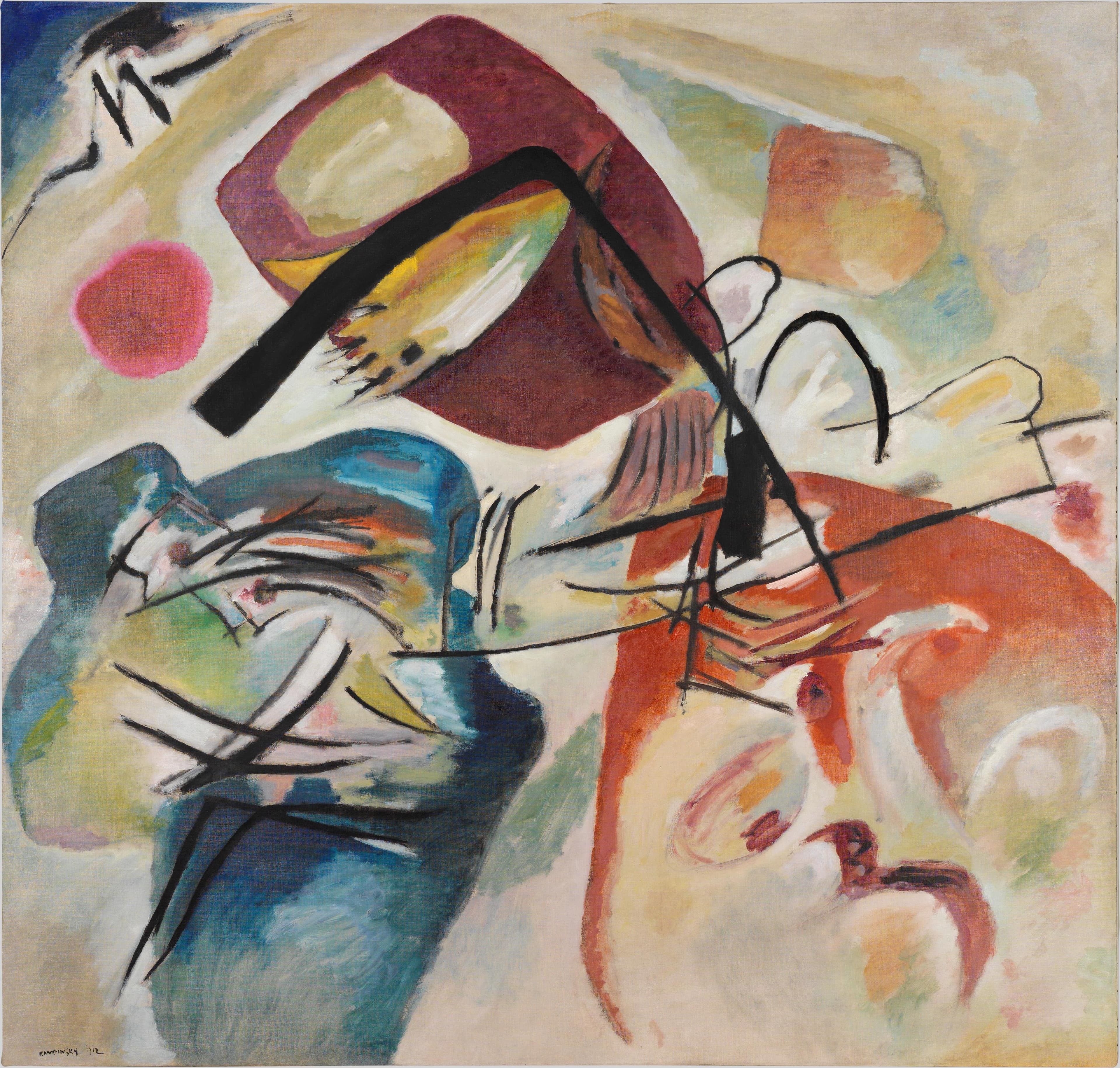 Kandinsky's Picture with a Black Arch: on a pale buff ground, a wine-red block with a pale window fills the upper centre, a blue mass crossed by thin black strokes fills the lower left, and an orange-red mass with a cream hollow fills the lower right. A thick black arch rises from the left across the wine-red block and thins into a hooked line at the right. A rose-pink disc floats at the left and a black zigzag on dark blue sits in the top left corner