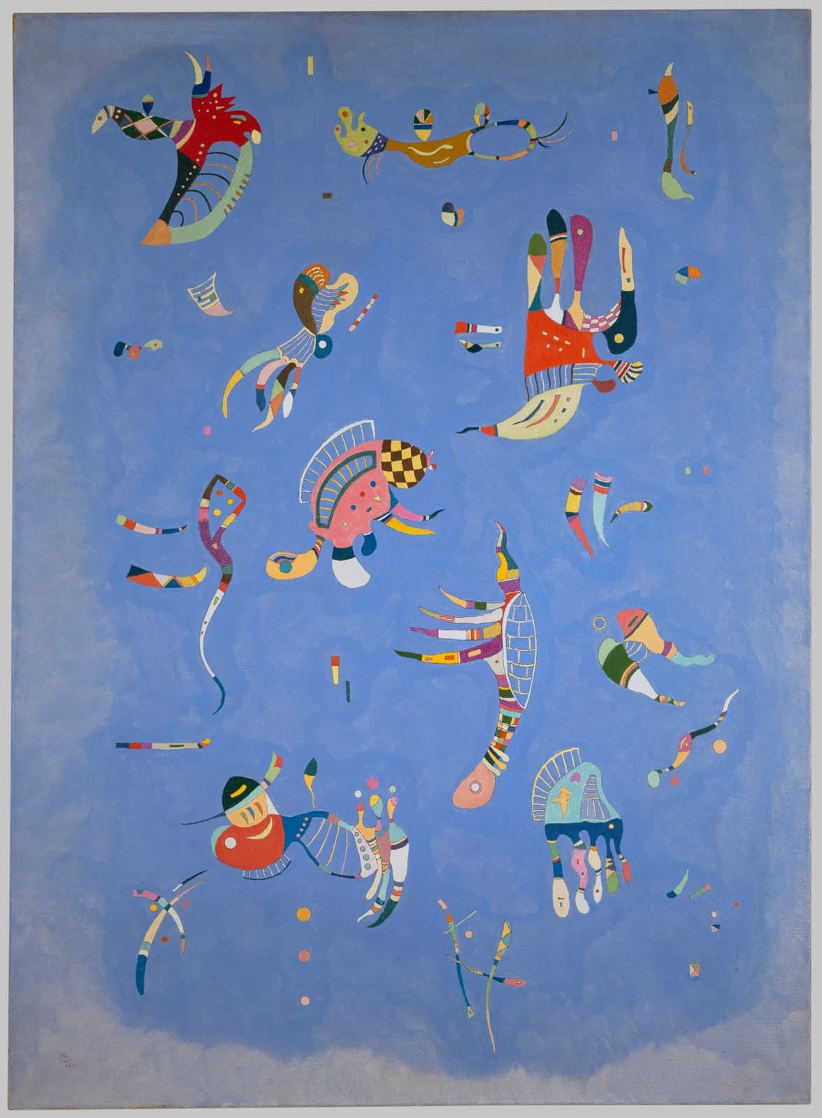 Kandinsky's Sky Blue: an upright canvas of mottled milky blue, paler toward the edges, on which more than a dozen small outlined creatures float without touching. A red-bodied one with a serrated crest and a green fan tail sits at the top left, a brown one with an open loop lies along the top, a striped figure hangs upside down at the right, a pink form with a chequered cap sits near the centre, and below them are a cross-hatched crab-like creature, a red beetle with a green dome and buds on stalks, and a pale blue-green dome with five drops hanging from it