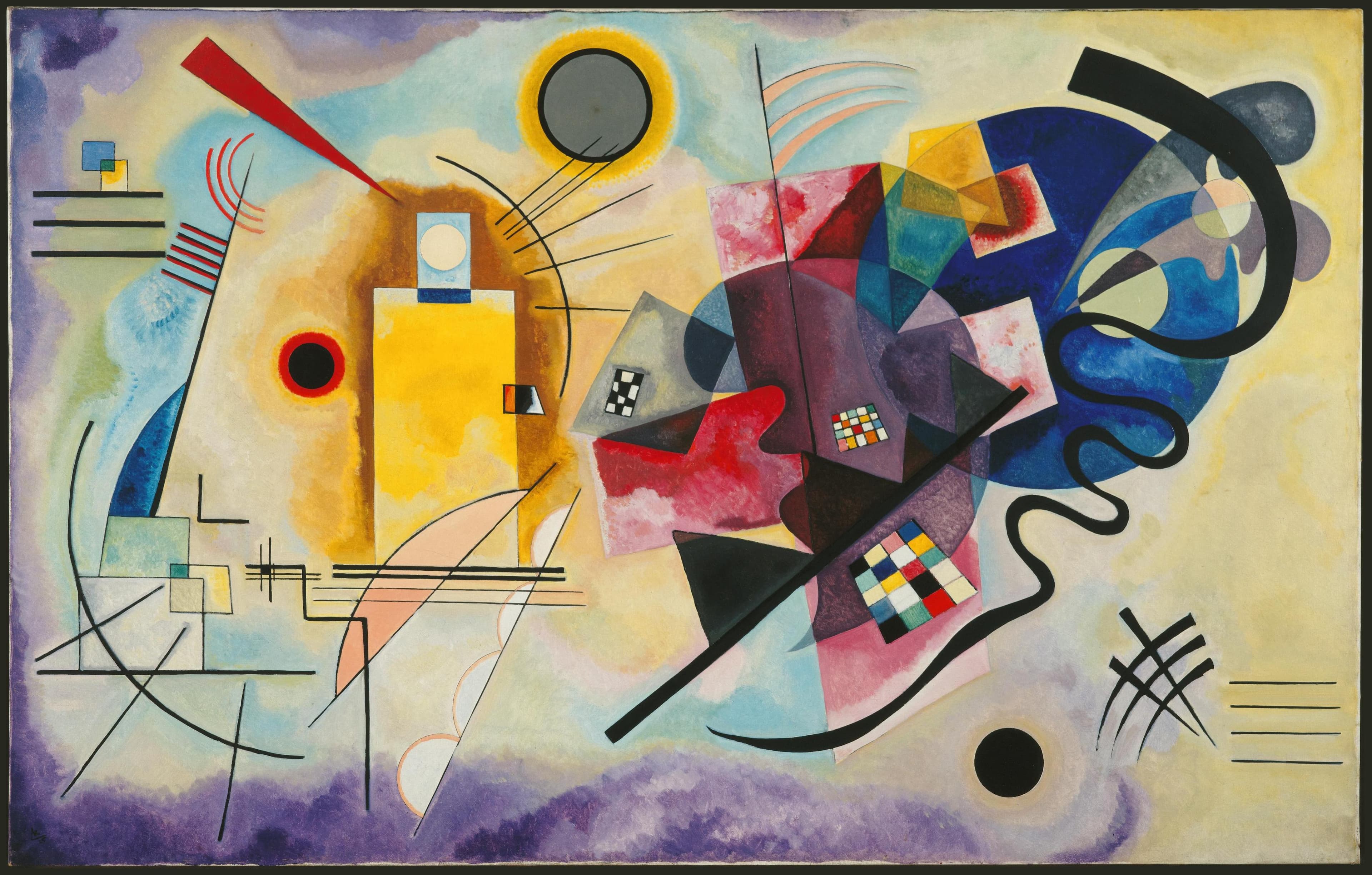 Kandinsky's Yellow-Red-Blue: on a pale cream ground washed with blue, a bright yellow rectangle ringed by a brown glow stands at the left with a small blue rectangle and cream disc on top of it, beside a black disc with a red rim and a red wedge tapering from the top edge. A grey disc in a yellow halo hangs at the top centre. At the right a deep blue circle is wrapped by a thick black curve that turns into a wavy line and a heavy diagonal bar, with translucent pink, crimson and violet quadrilaterals and two small multicoloured grids between the halves, a solid black disc at the lower right, and a violet cloud along the bottom edge