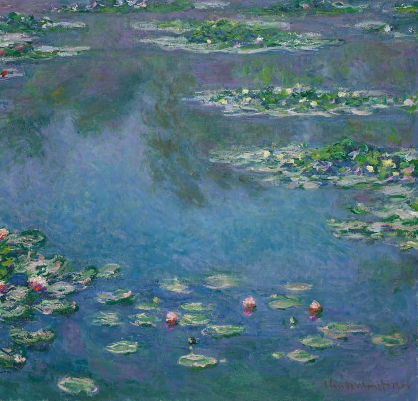 A near-square canvas of water surface alone, clusters of lilies at lower left and upper right framing a pale channel of reflected sky