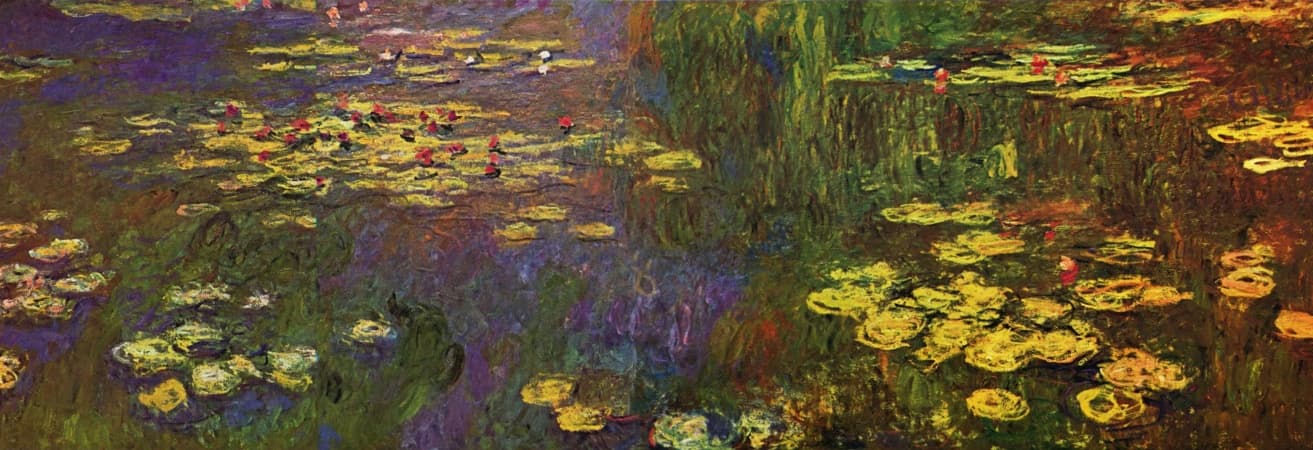 One panoramic panel from Claude Monet's Water Lilies cycle at the Musée de l'Orangerie, with lily pads floating among violet, green, and gold reflections
