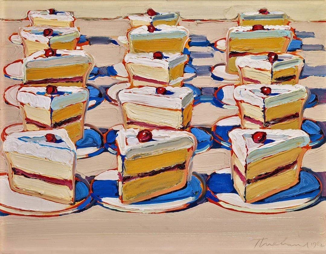 Fifteen cake slices on white plates, ranged in three columns of five on a warm tan counter, growing larger towards the front. Each slice has a cap of white frosting worked in scalloped ridges, a single bright red cherry sitting in a dip in it, a thick pale cake layer, a band of rose-red and a second cake layer below. Orange-red lines run along the near edges and flat cobalt pools of shadow spread behind the plates