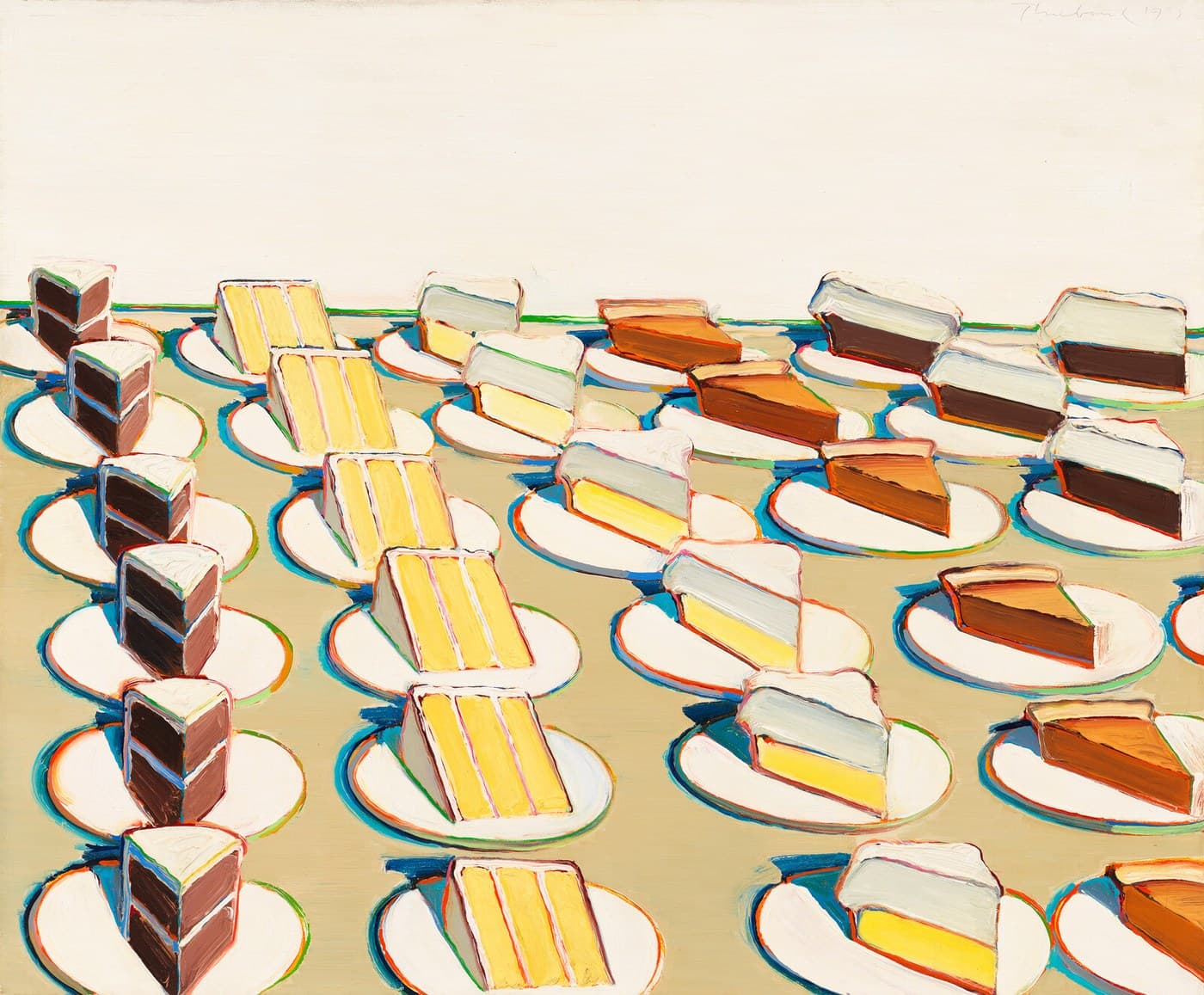 Plated slices of cake and pie in five files running back across a flat khaki counter under a warm off-white wall. The left file is chocolate layer cake with white frosting caps, the second yellow layer cake striped with pink and white seams, the third a thick grey-white meringue over lemon yellow. To the right lie flat wedges of bright orange pumpkin pie under pale crimped crusts. Every white plate sits in a pool of blue and teal shadow, and every slice is rimmed in separate lines of orange-red, blue and green