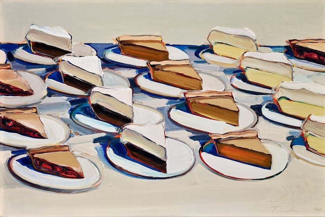 Wedges of pie on white plates in four rows stepping up a pale sand counter towards a warm grey wall. The fillings are dark maroon cherry under tan custard, burnt orange pumpkin, pale lemon under white meringue, and a near-black filling under thick white cream. Every wedge stands with its tall crust end at the left and tapers to a point at the right, the cream tops are laid on in ridges of heavy paint, and cobalt shadow pools behind and between the plates