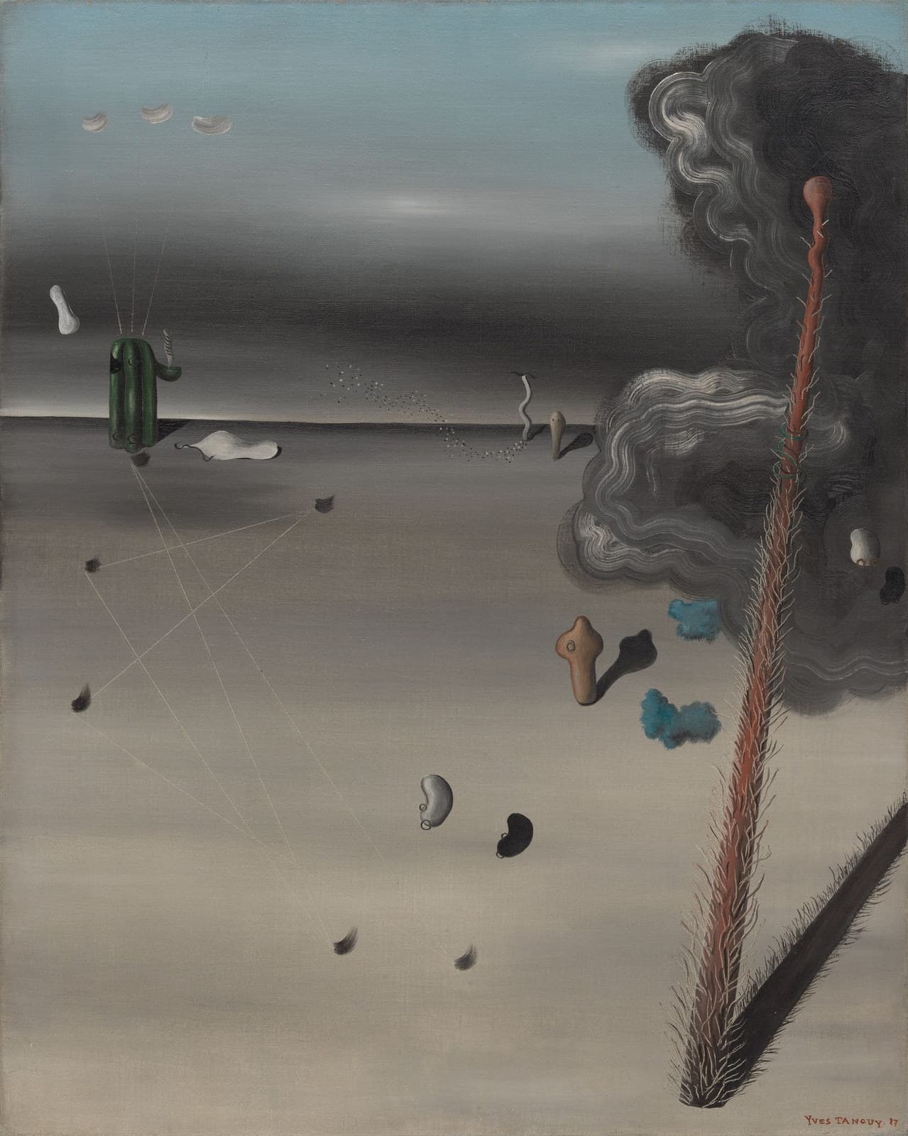 A flat grey-brown plain running back to a high horizon under a pale blue sky. A green upright slab stands at the left with a small dark curl at its head and fine white threads running out across the ground. A rust-red stalk bristled with fine hairs rises the full height of the canvas at the right, flaring into a dark brush at its base and throwing a long black shadow. Beside it a bank of grey smoke is drawn in tight concentric wavy lines. Small tan, black, turquoise and grey shapes lie scattered on the plain